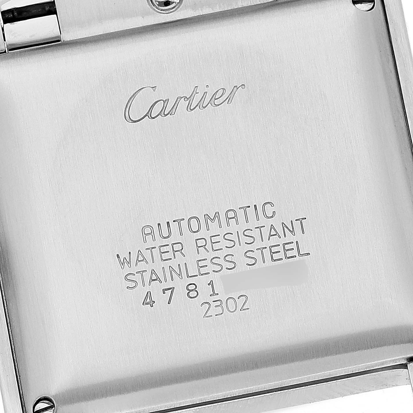The image shows the back case of a Cartier Tank Francaise W51002Q3 Men's Stainless Steel Silver Dial W51002Q3 Men's Stainless Steel Silver Dial watch highlighting the brand name, model details, and material specifications.