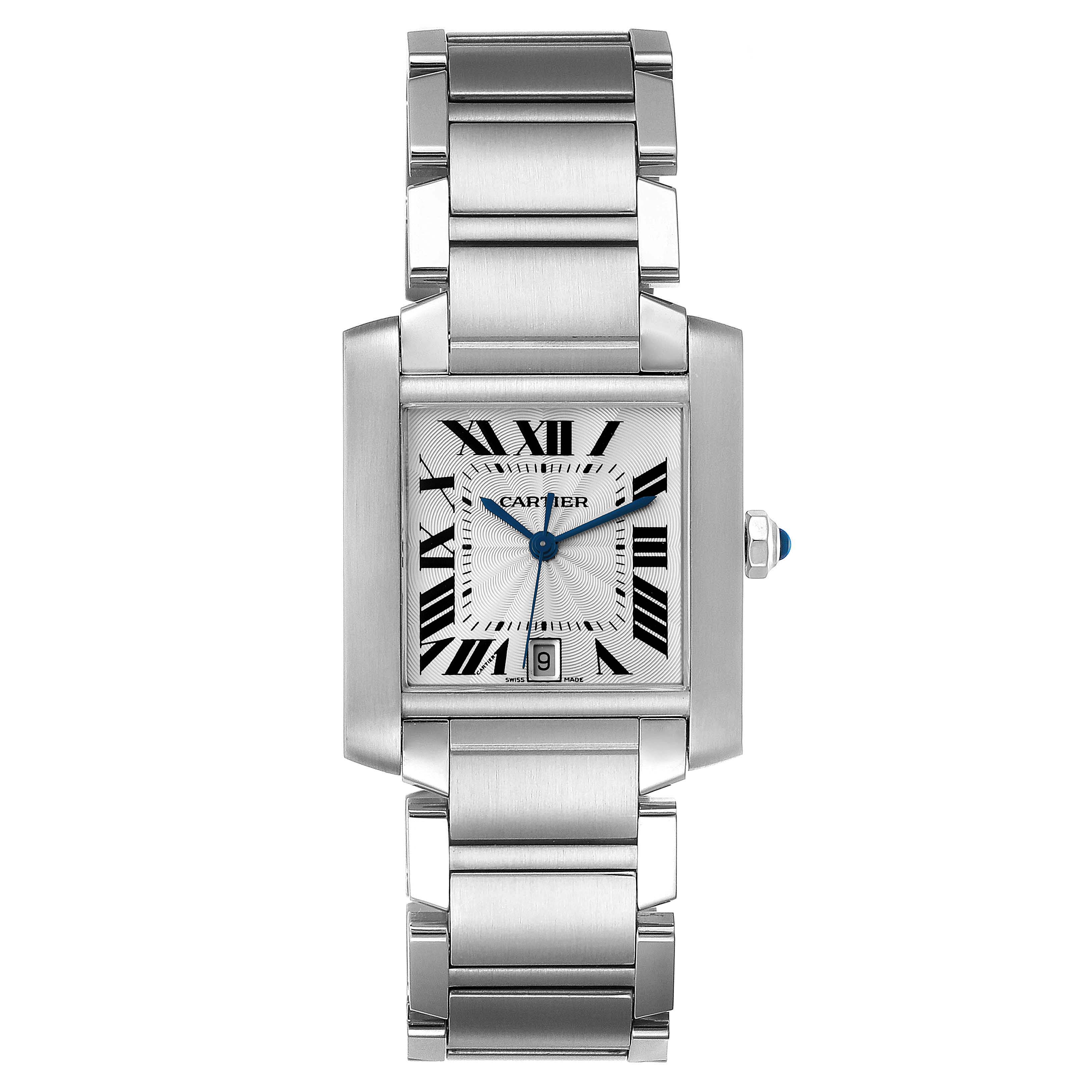 The image shows a front view of the Cartier Tank Francaise W51002Q3 Men's Stainless Steel Silver Dial W51002Q3 Men's Stainless Steel Silver Dial watch, including its rectangular face and metal bracelet.