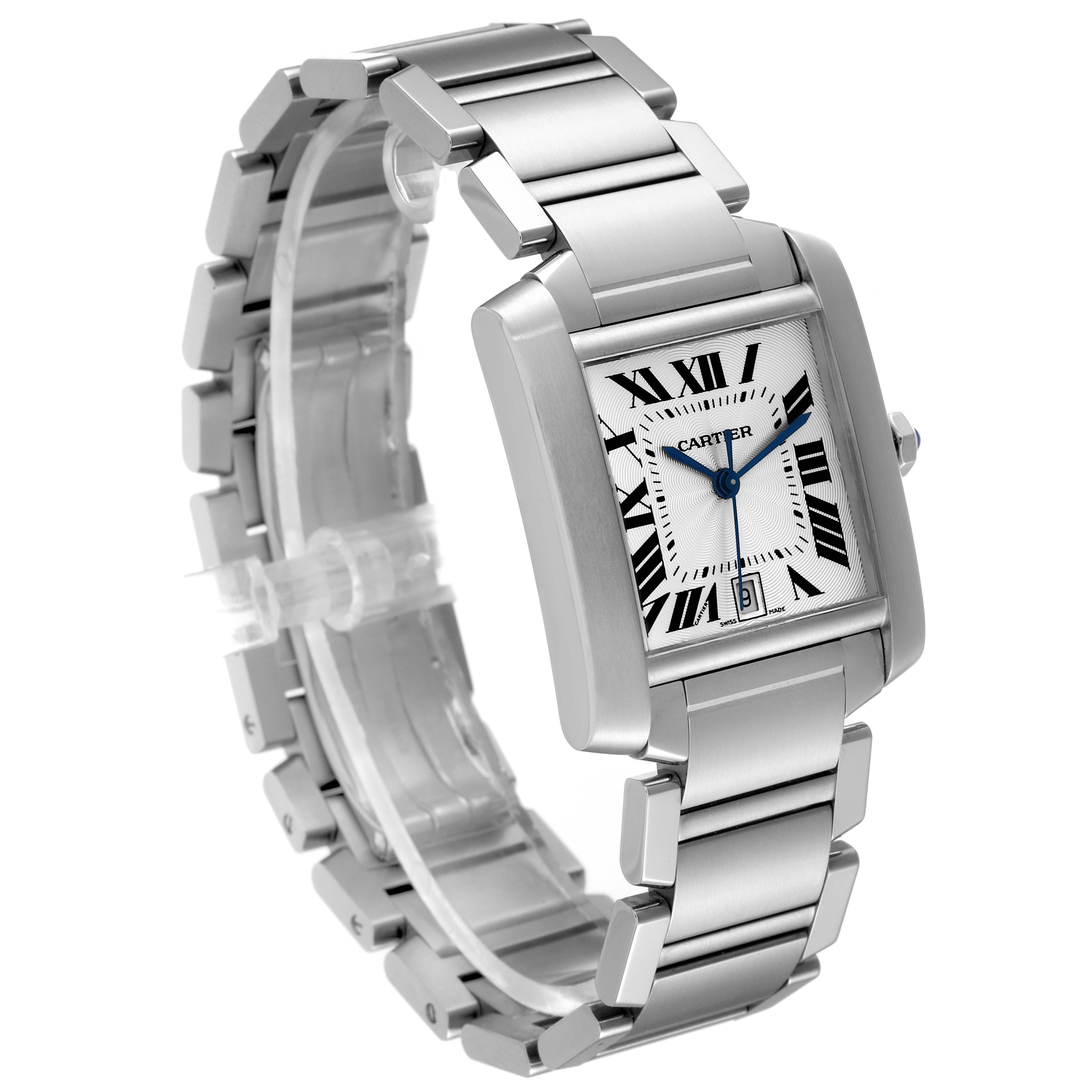 This image shows the Cartier Tank Française watch from a three-quarter angle, highlighting its bracelet, case, and dial.
