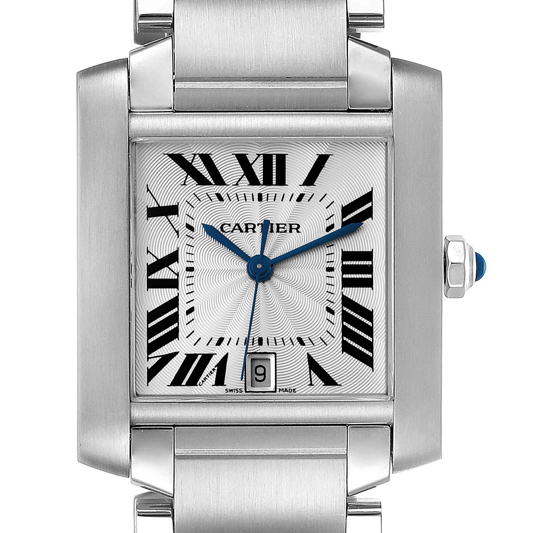 This is a close-up view of the Cartier Tank Francaise W51002Q3 Men's Stainless Steel Silver Dial W51002Q3 Men's Stainless Steel Silver Dial watch showing the face, Roman numerals, hands, and part of the bracelet.