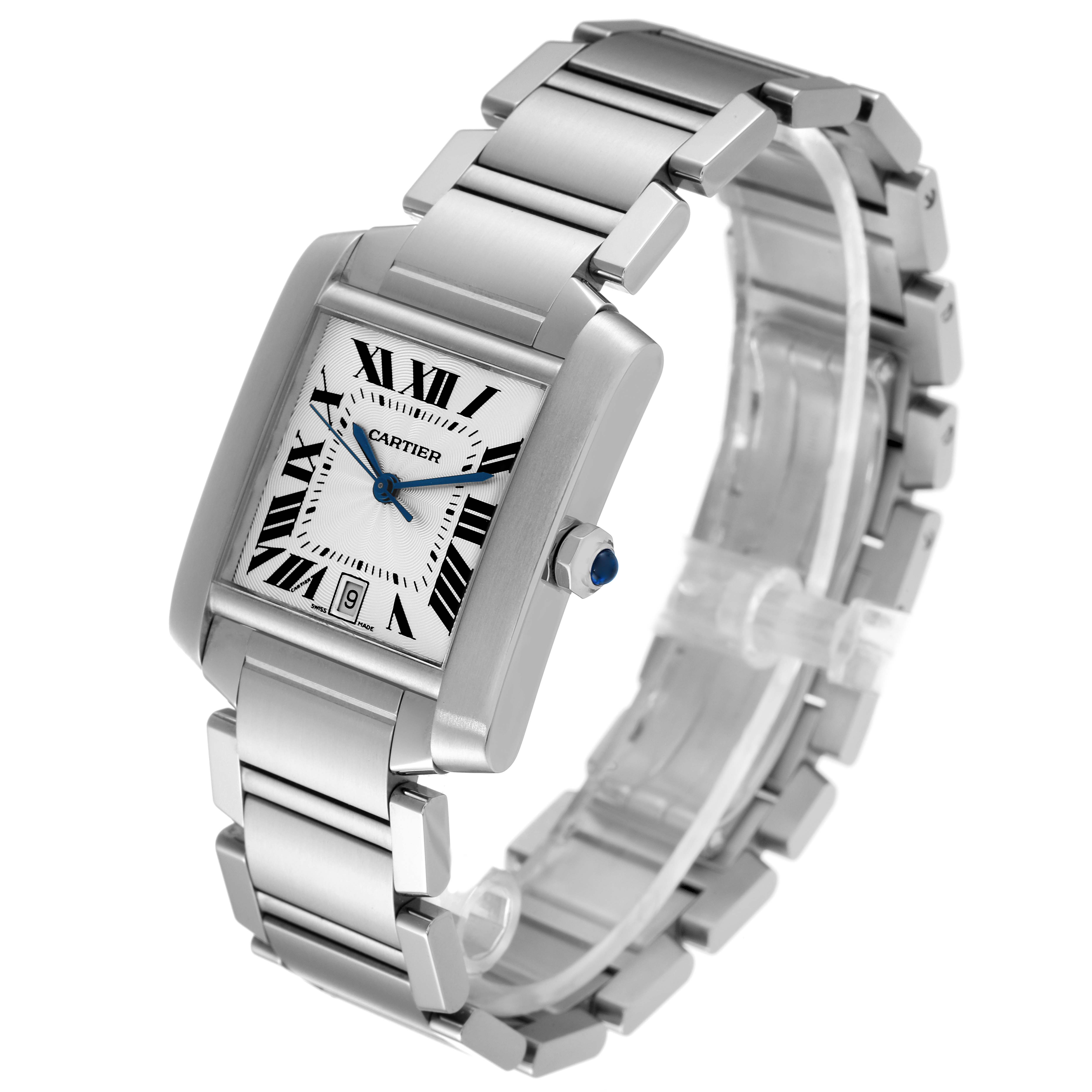 This image shows a side view of the Cartier Tank Francaise W51002Q3 Men's Stainless Steel Silver Dial W51002Q3 Men's Stainless Steel Silver Dial watch, highlighting its bracelet, rectangular dial, and crown.