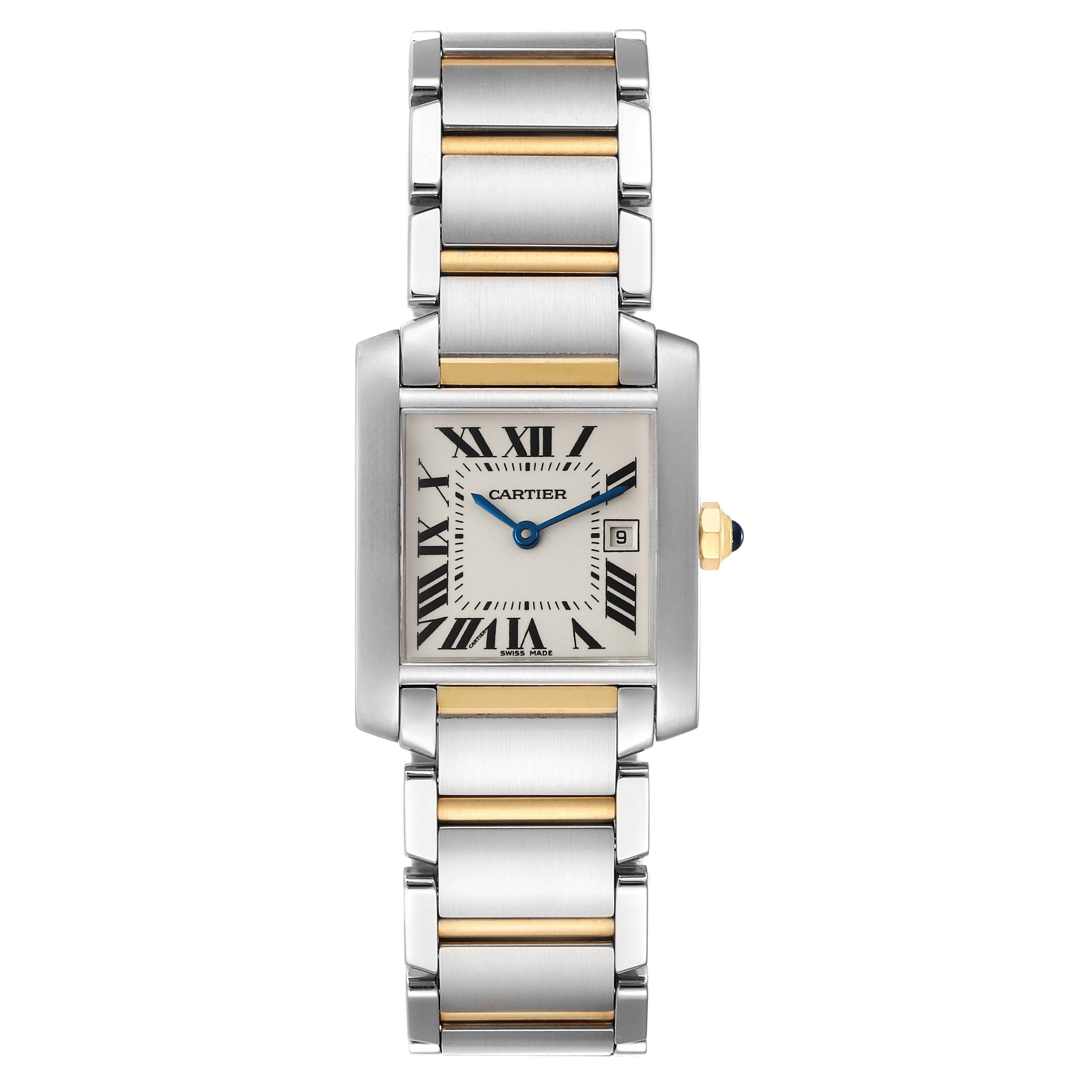 This is a front view of the Cartier Tank Francaise W51012Q4 Women's Steel and Gold (two tone) Silver Dial W51012Q4 Women's Steel and Gold (two tone) Silver Dial watch, showing the face, bracelet, and crown.