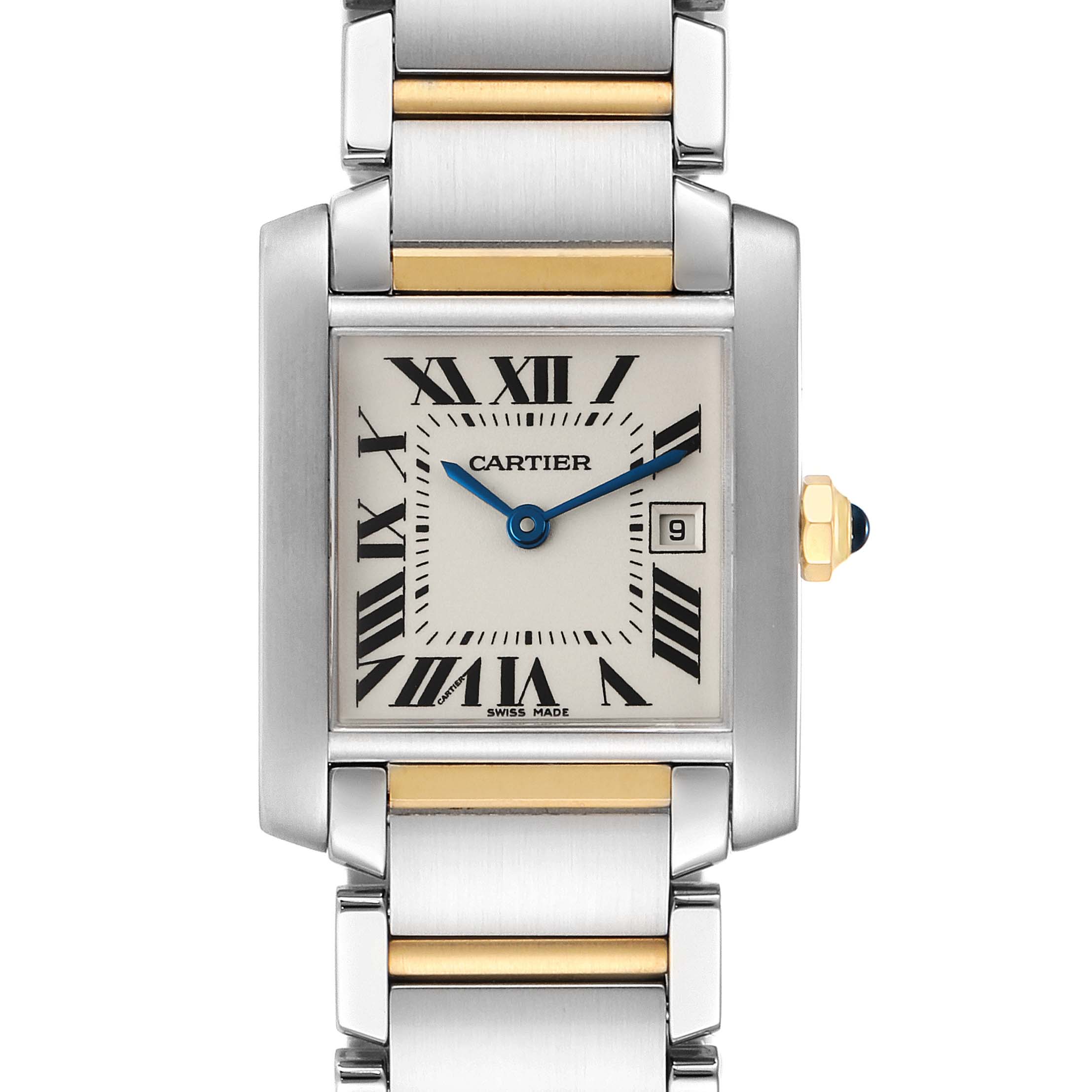 The image displays a front view of a Cartier Tank Française watch, highlighting its face, dial, crown, and part of the bracelet.
