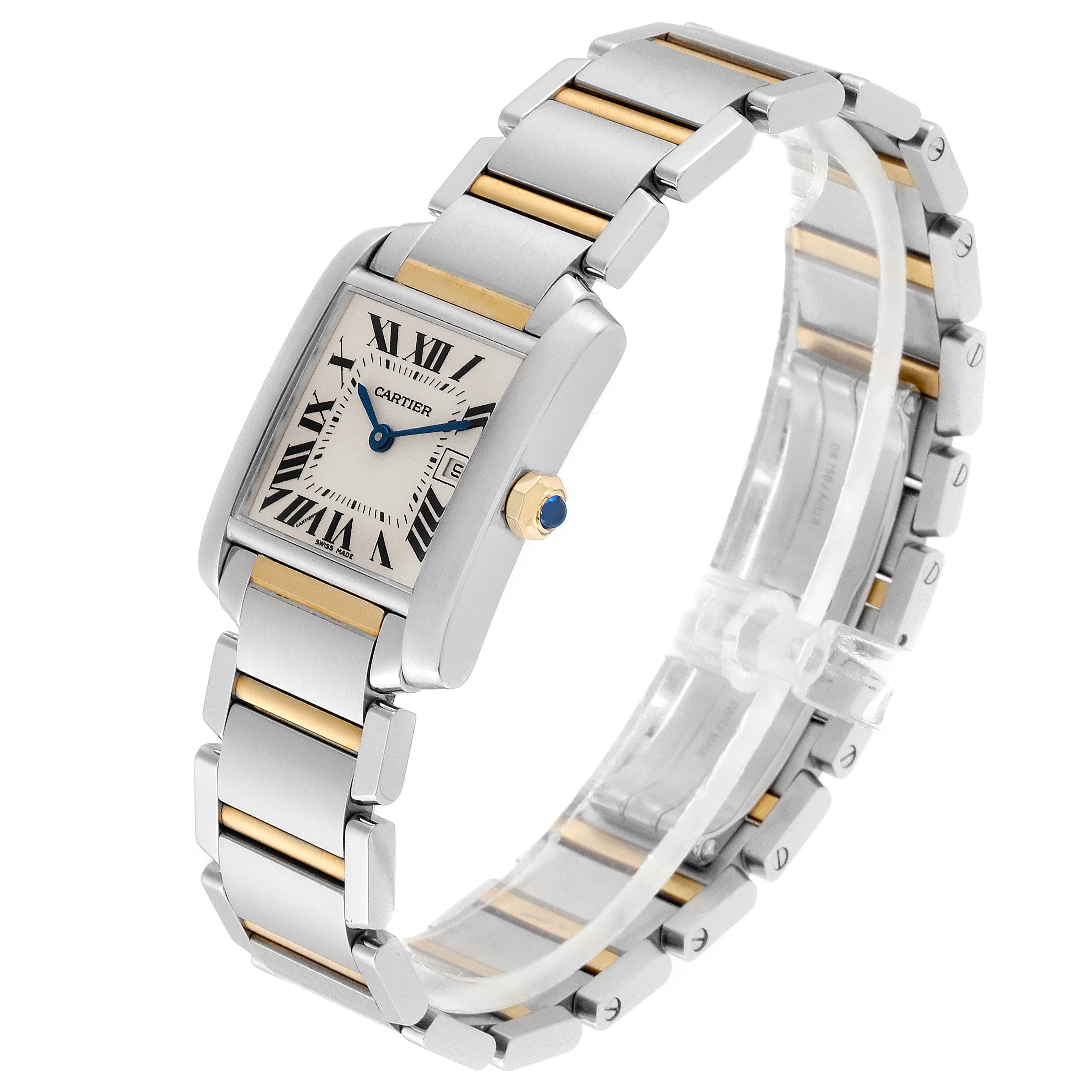 The image shows a Cartier Tank Francaise W51012Q4 Women's Steel and Gold (two tone) Silver Dial W51012Q4 Women's Steel and Gold (two tone) Silver Dial watch at a slight angle, highlighting its face, bracelet, and crown.