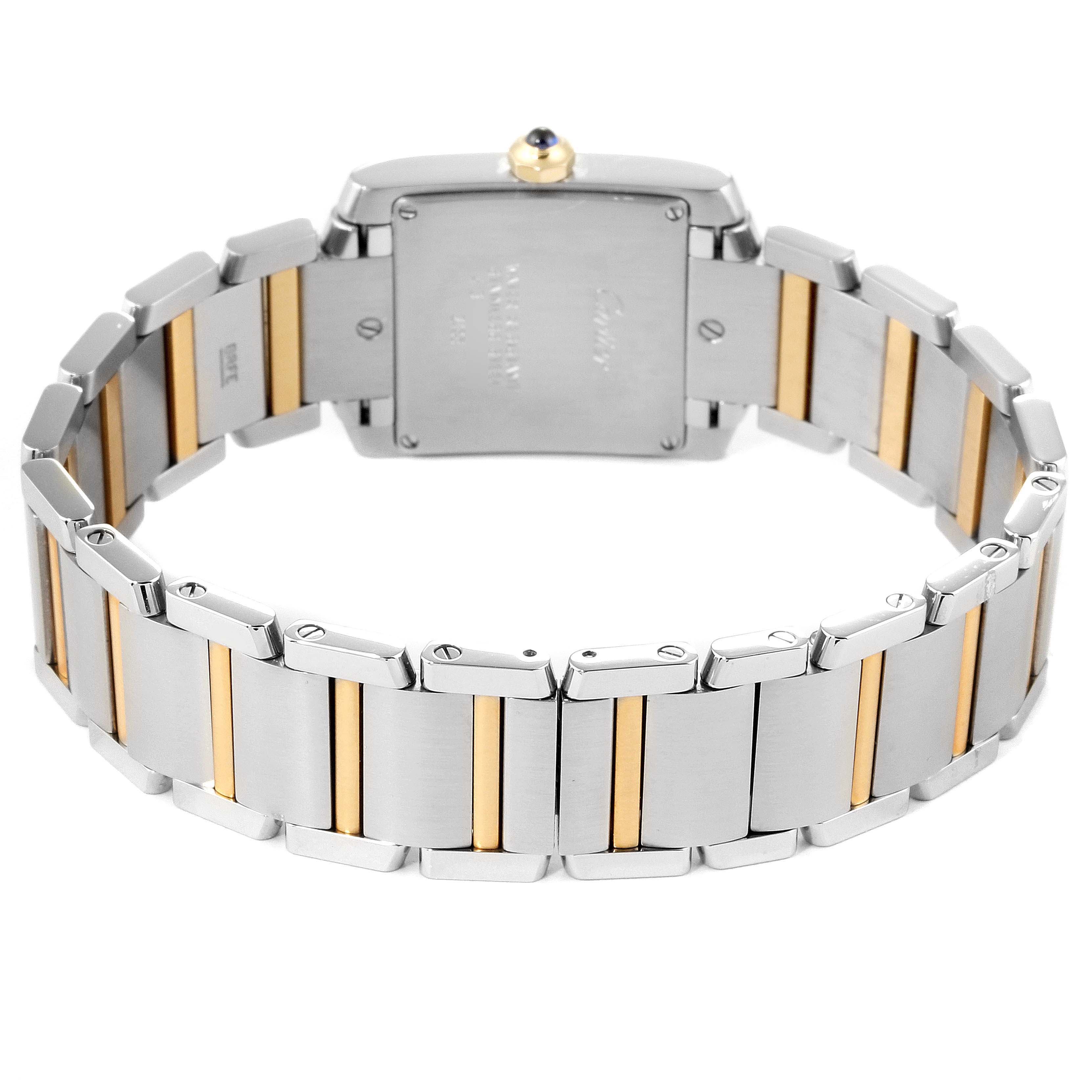 The image shows the back view of a Tank Francaise model by Cartier, focusing on the bracelet and case back.