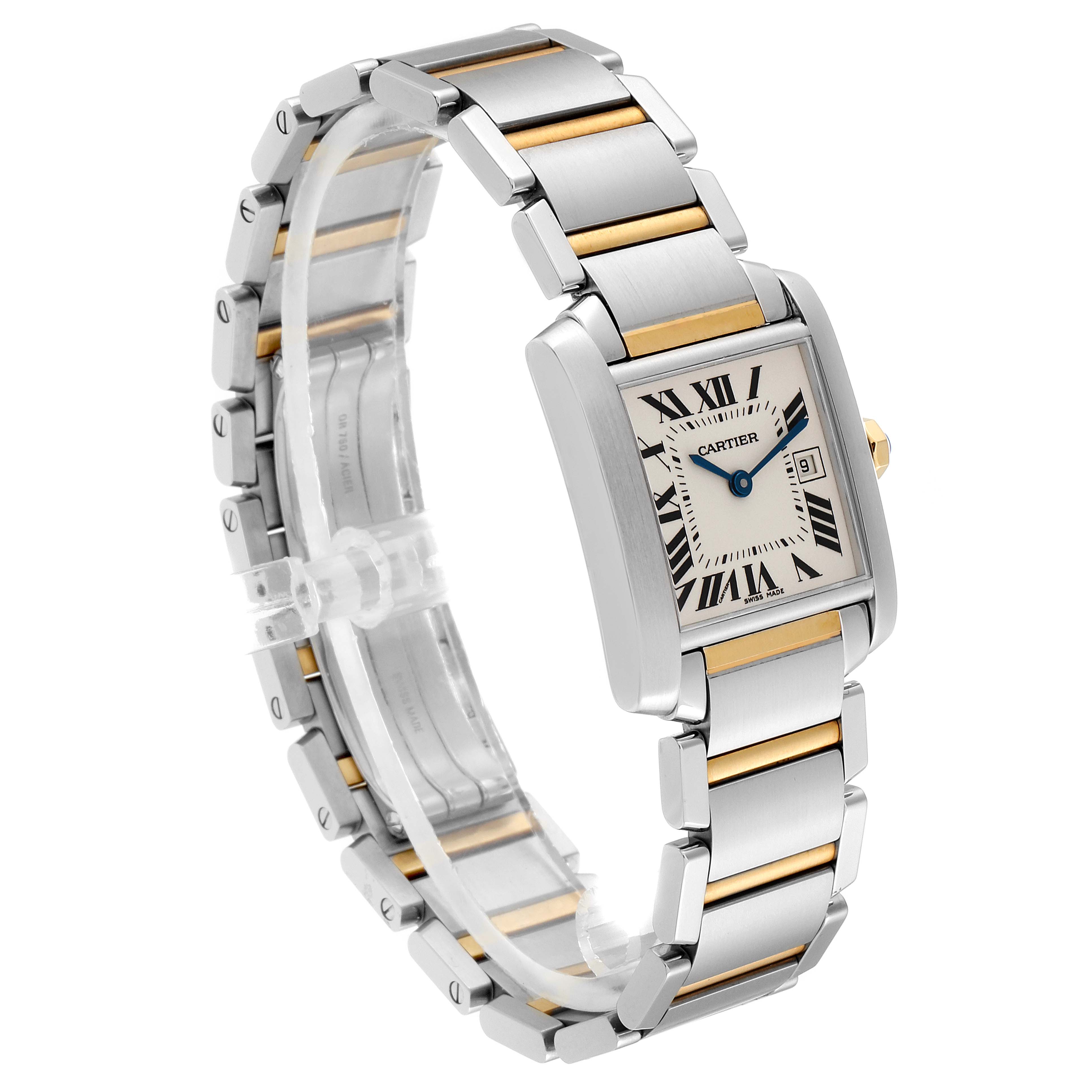The Cartier Tank Francaise W51012Q4 Women's Steel and Gold (two tone) Silver Dial W51012Q4 Women's Steel and Gold (two tone) Silver Dial watch is shown at a three-quarter angle, highlighting its bracelet, rectangular case, and dial with Roman numerals.