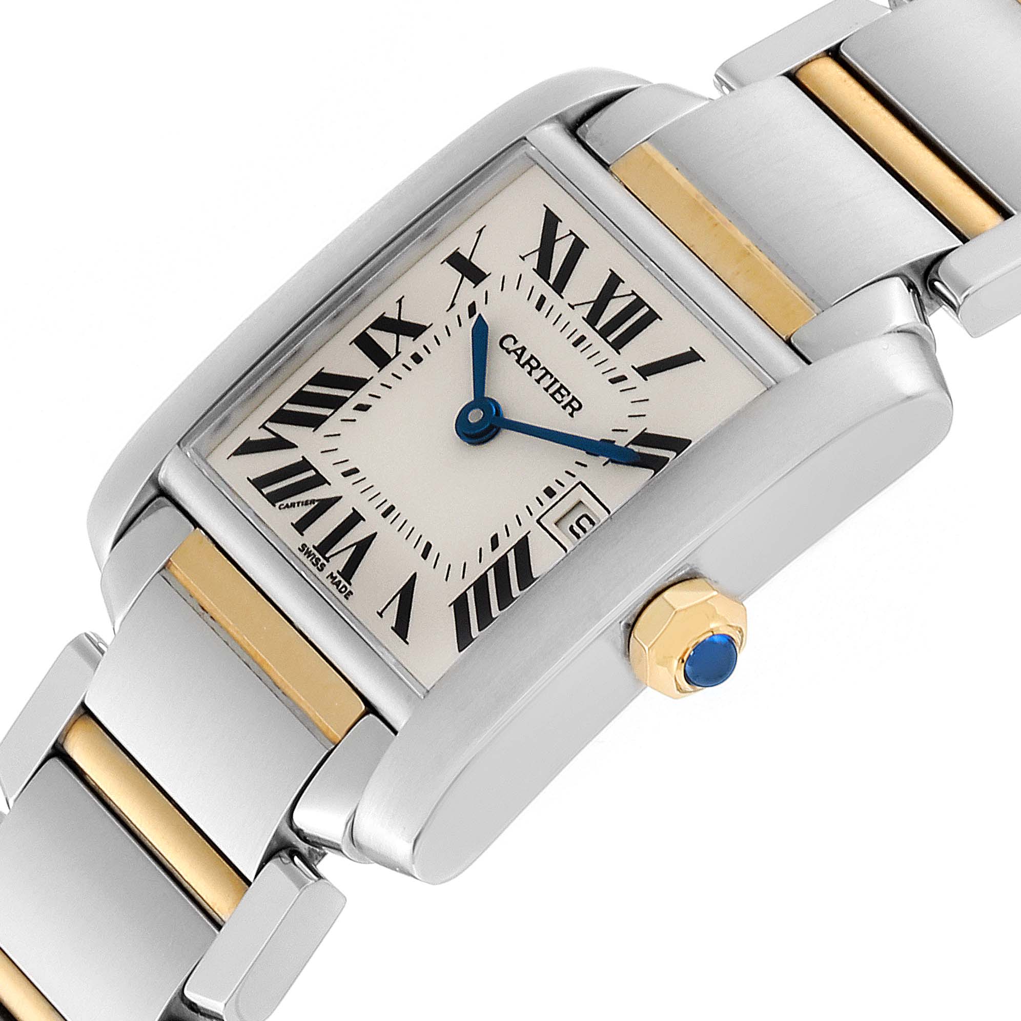 The Cartier Tank Francaise W51012Q4 Women's Steel and Gold (two tone) Silver Dial W51012Q4 Women's Steel and Gold (two tone) Silver Dial watch is shown from a slight diagonal angle, highlighting its face, bezel, and part of the bracelet.