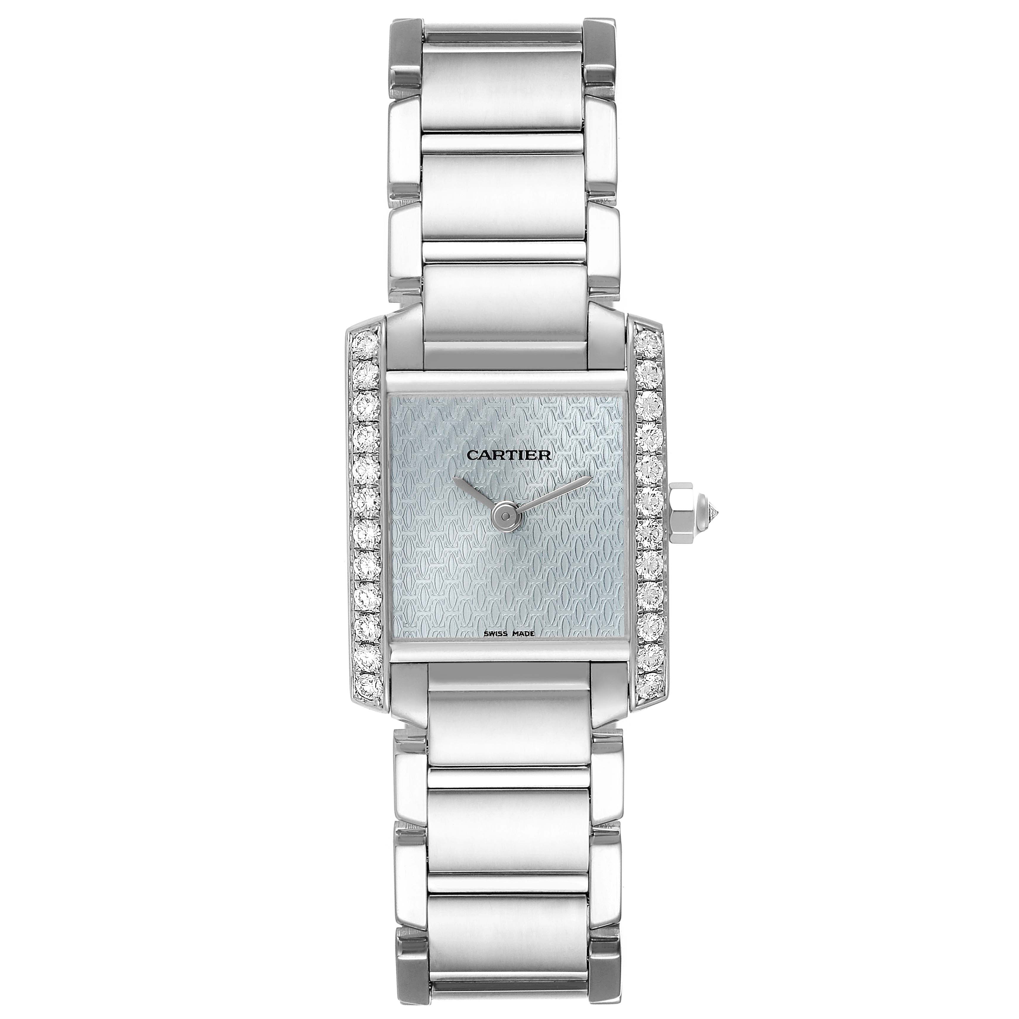 The Cartier Tank Française watch is shown from a front angle, featuring its face, bezel, and bracelet.