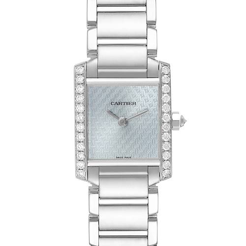 The Cartier Tank Francaise watch is shown from the front, highlighting the bracelet, face, and diamond-studded bezel.