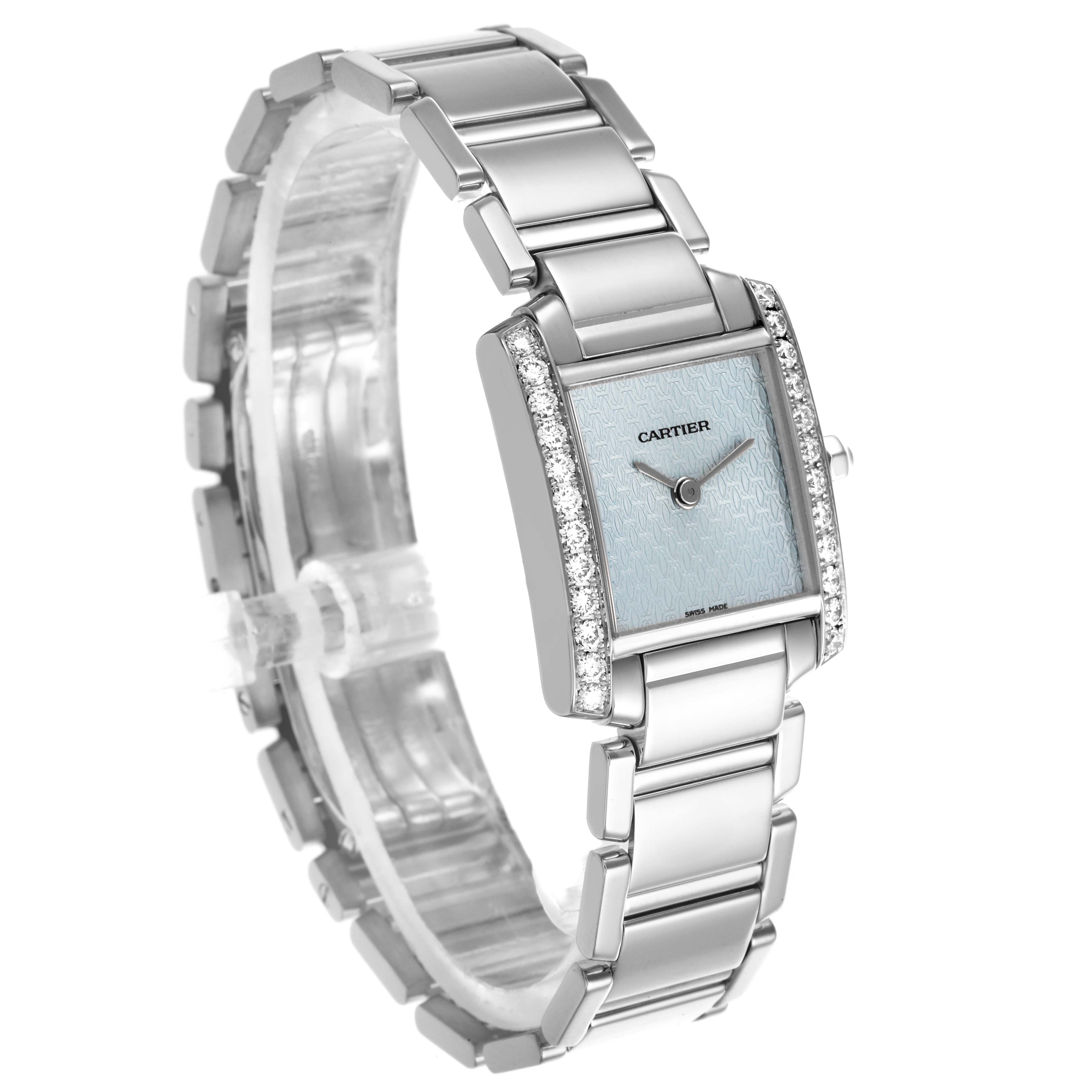 The Cartier Tank Francaise 2403 Women's White Gold Blue Dial 2403 Women's White Gold Blue Dial watch is shown at a slight angled view, highlighting its rectangular face, bracelet, and diamond-set bezel.