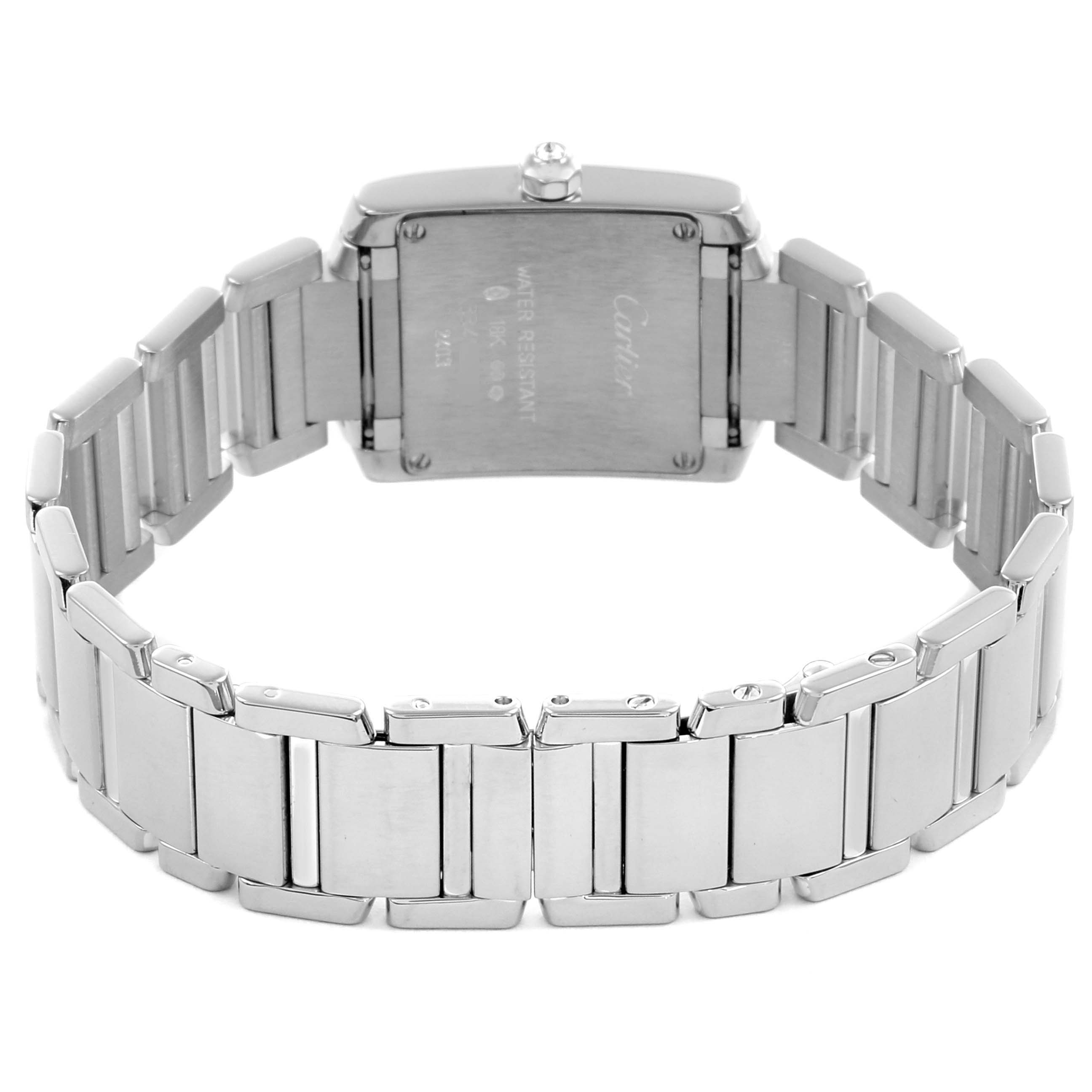 The image shows the back view of the Cartier Tank Française watch, displaying the bracelet and case back.
