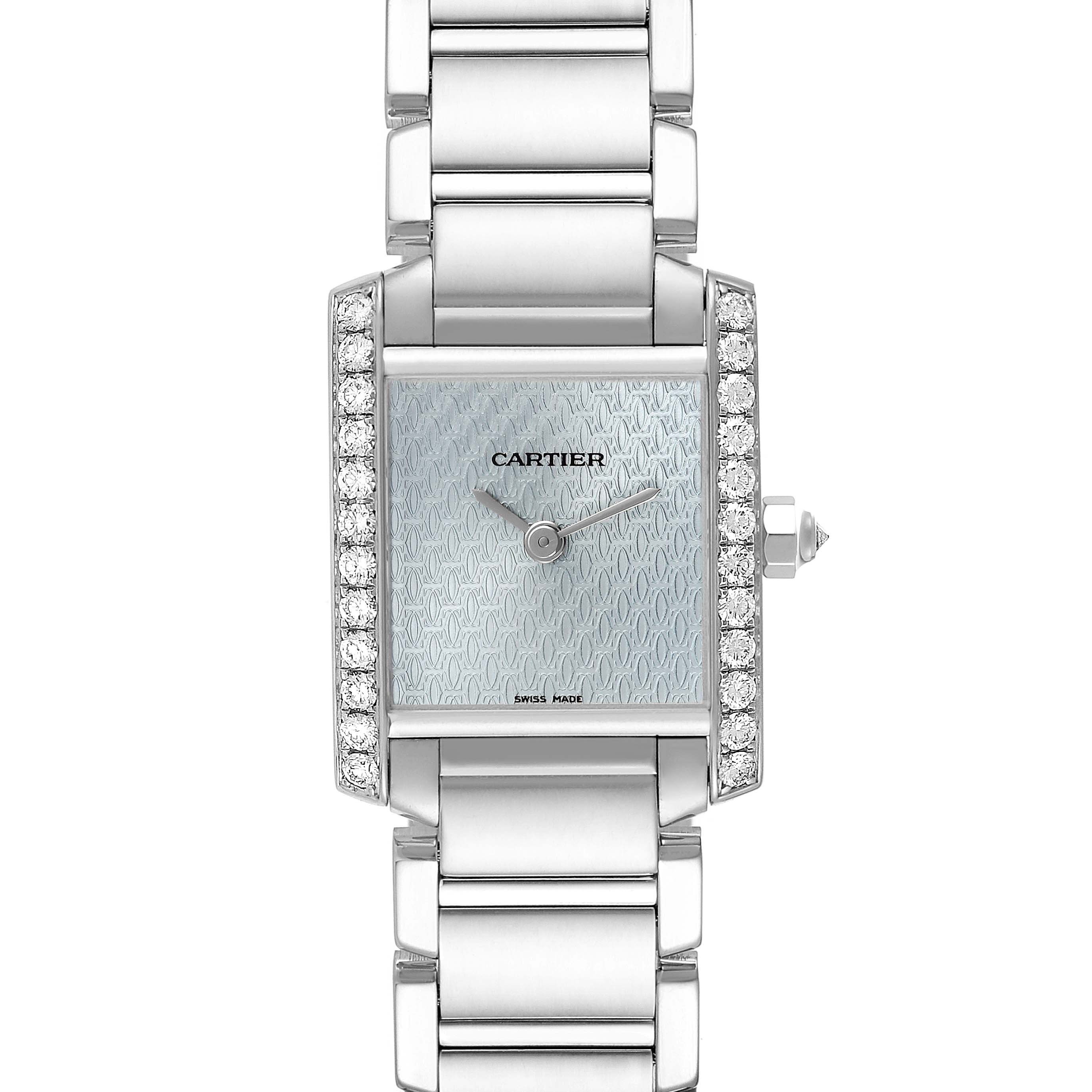The Cartier Tank Française watch is shown from a front angle, displaying its face, bezel, and bracelet.