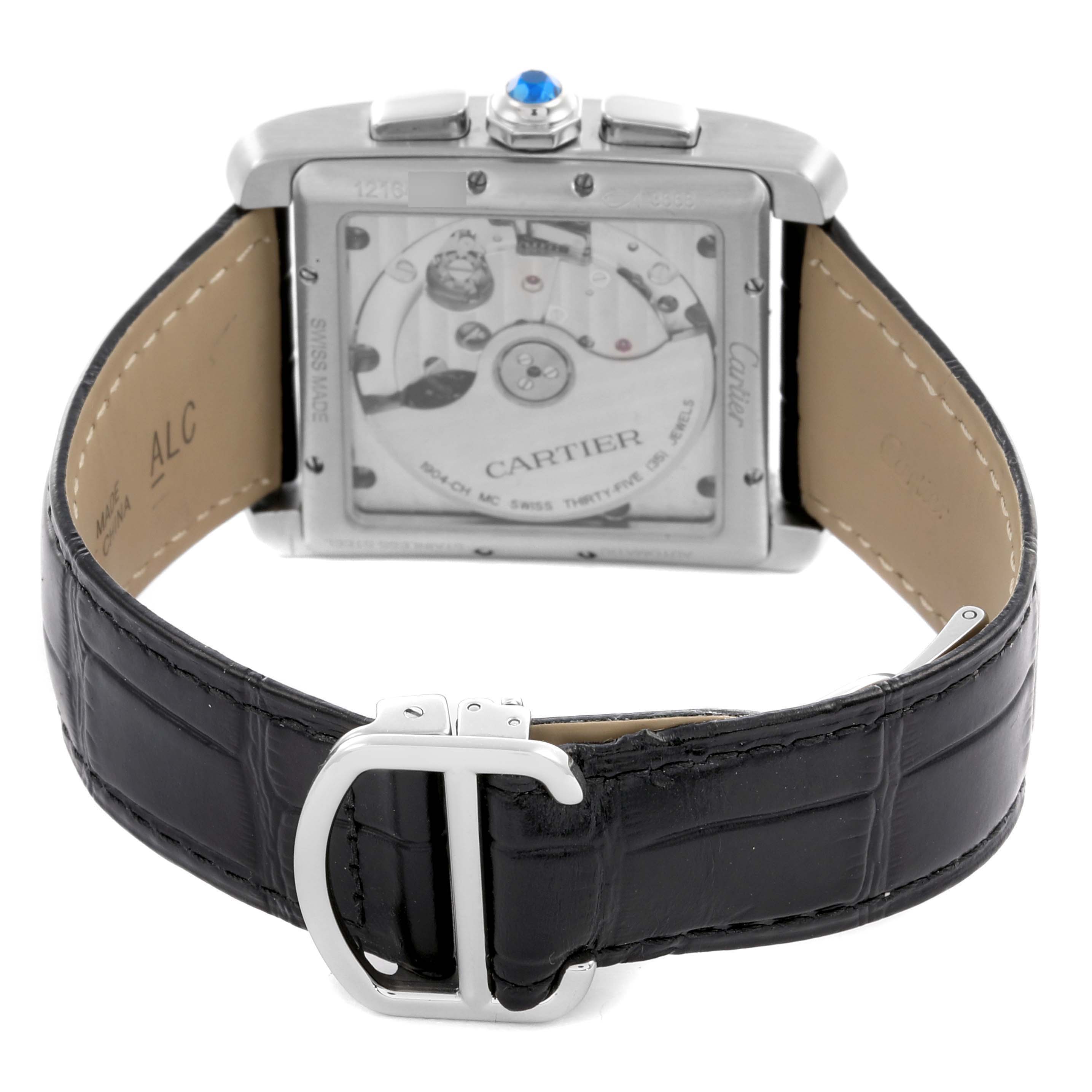 The image shows the back view of the Cartier Tank MC W5330008 Men's Stainless Steel Grey Dial W5330008 Men's Stainless Steel Grey Dial watch, highlighting the movement and leather strap.