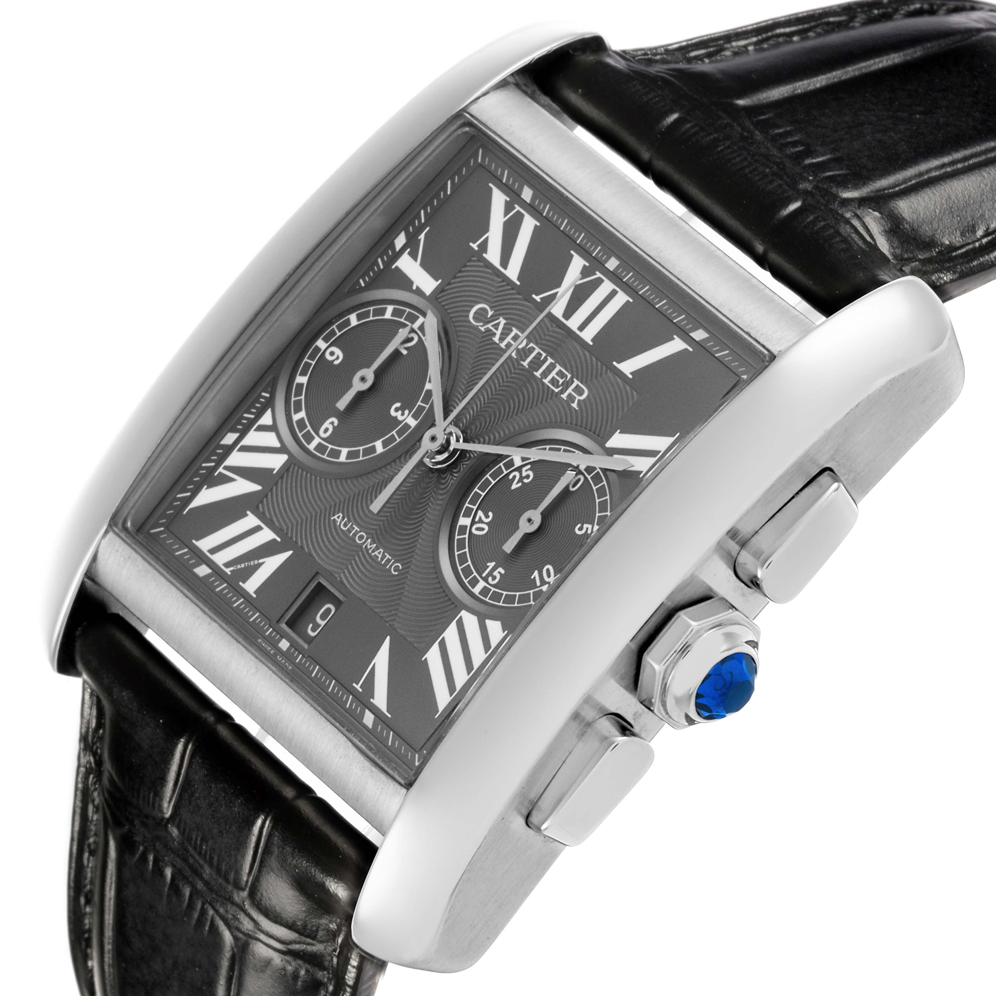The Cartier Tank MC W5330008 Men's Stainless Steel Grey Dial W5330008 Men's Stainless Steel Grey Dial watch is shown at an angle highlighting its face, crown, and leather strap.