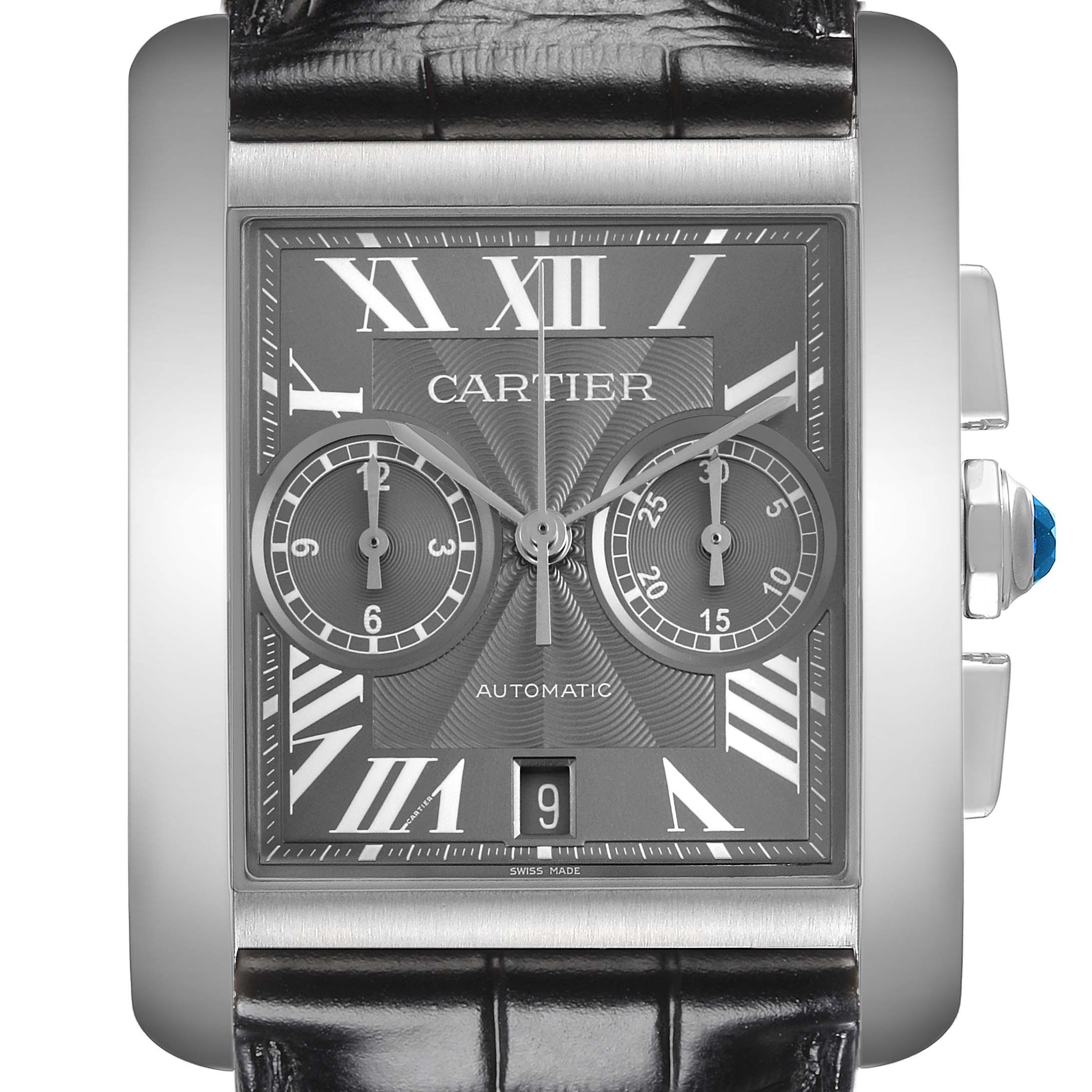 The Cartier Tank MC W5330008 Men's Stainless Steel Grey Dial W5330008 Men's Stainless Steel Grey Dial watch is shown front-on, displaying the dial, date window, and part of the leather strap.