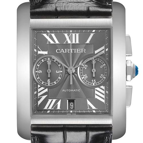 The Cartier Tank MC watch is shown from the front, displaying its face, dial, and part of the strap.