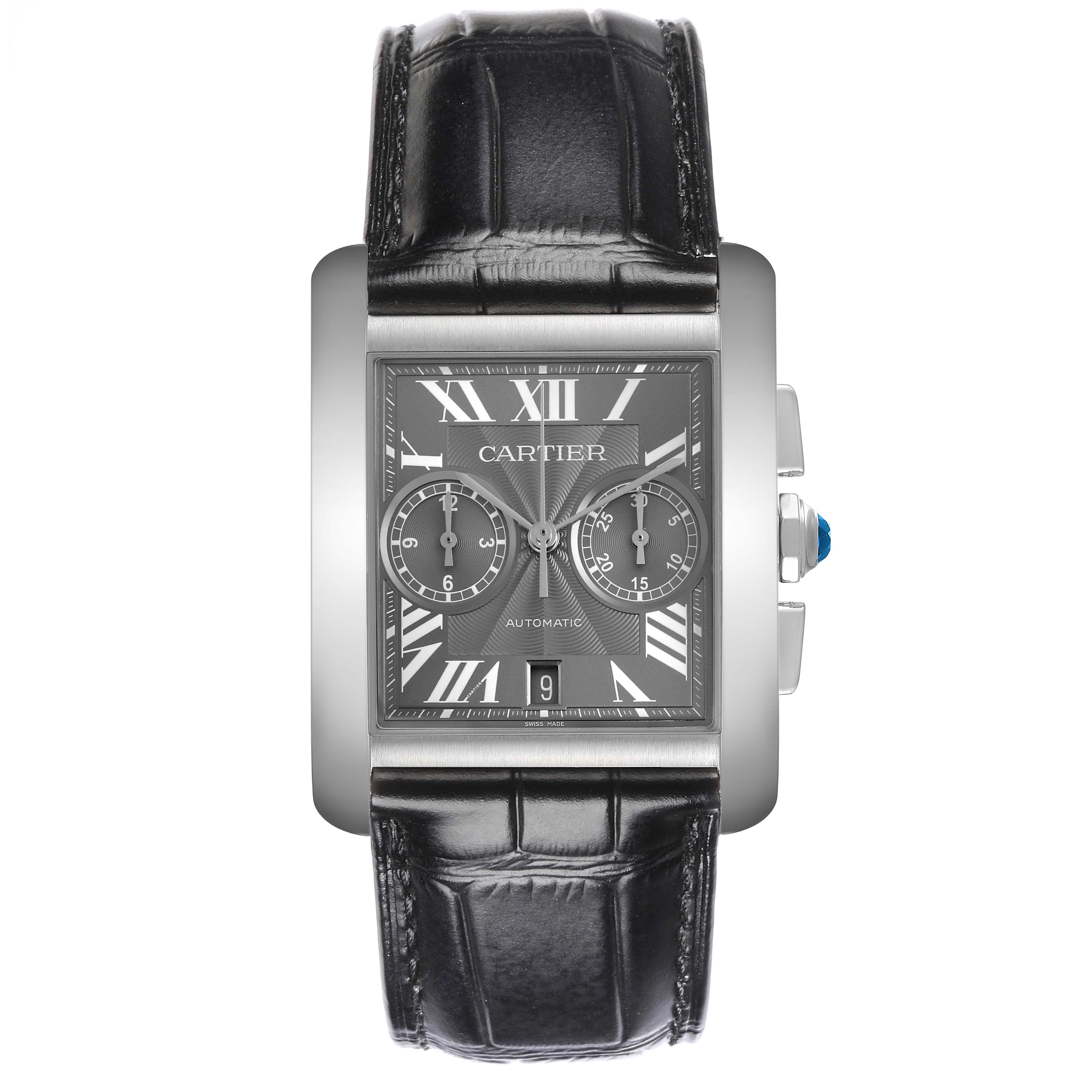 The Cartier Tank MC W5330008 Men's Stainless Steel Grey Dial W5330008 Men's Stainless Steel Grey Dial watch is shown from a top-down angle, displaying its face, bezel, and leather strap.