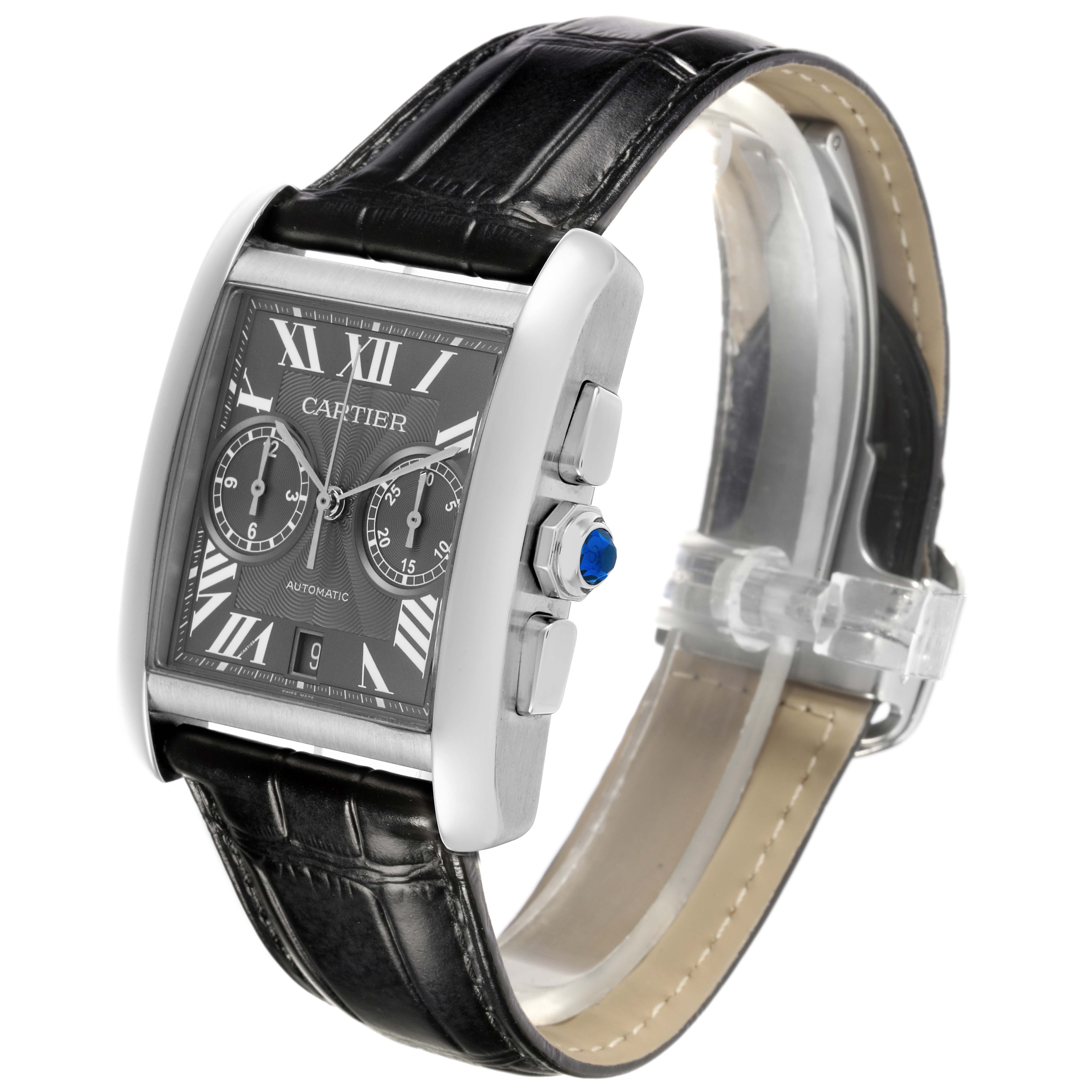 The Cartier Tank MC W5330008 Men's Stainless Steel Grey Dial W5330008 Men's Stainless Steel Grey Dial watch is shown at an angled side view, highlighting the dial, crown, and strap.