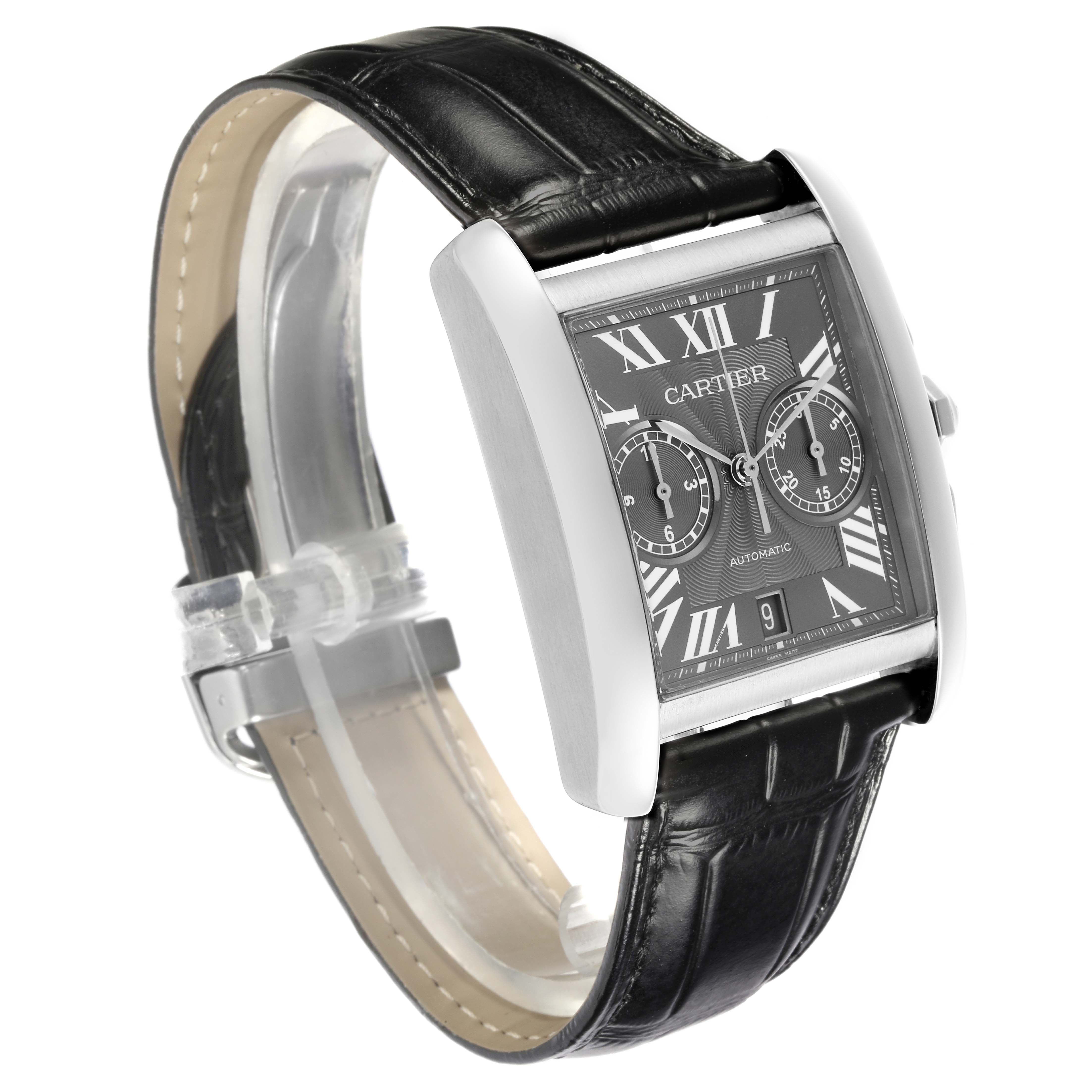 The Cartier Tank MC W5330008 Men's Stainless Steel Grey Dial W5330008 Men's Stainless Steel Grey Dial watch is shown at a three-quarter angle, displaying its face, case, and black leather strap.