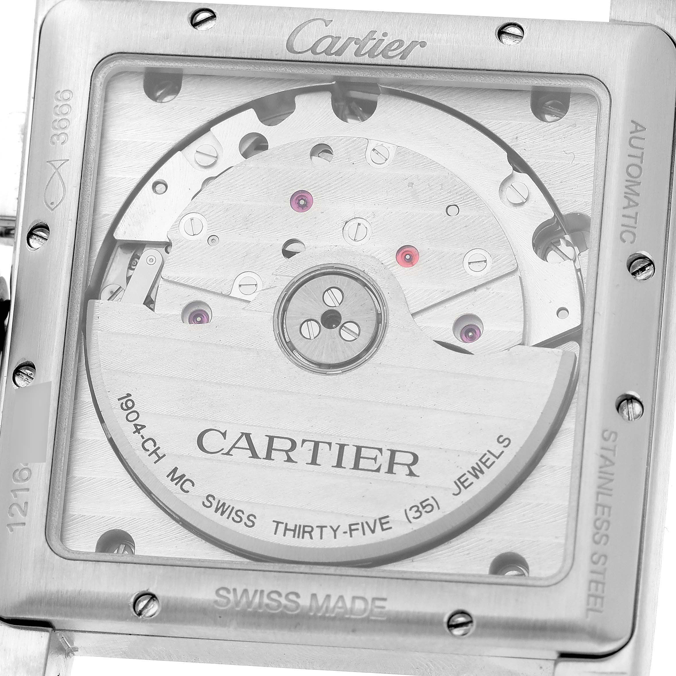 The image shows the back of the Cartier Tank MC W5330008 Men's Stainless Steel Grey Dial W5330008 Men's Stainless Steel Grey Dial watch, highlighting its automatic movement and internal mechanics.