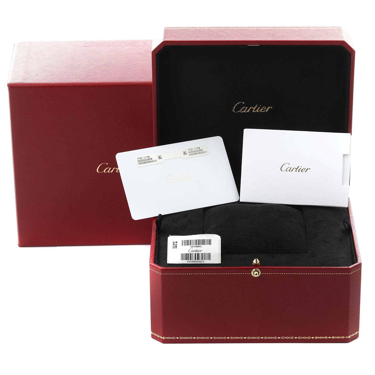 The image shows a Cartier Tank Must WSTA0041 Women
s Stainless Steel Silver Dial WSTA0041 Women
s Stainless Steel Silver Dial watch box with cards and a barcode label, viewed from the front.