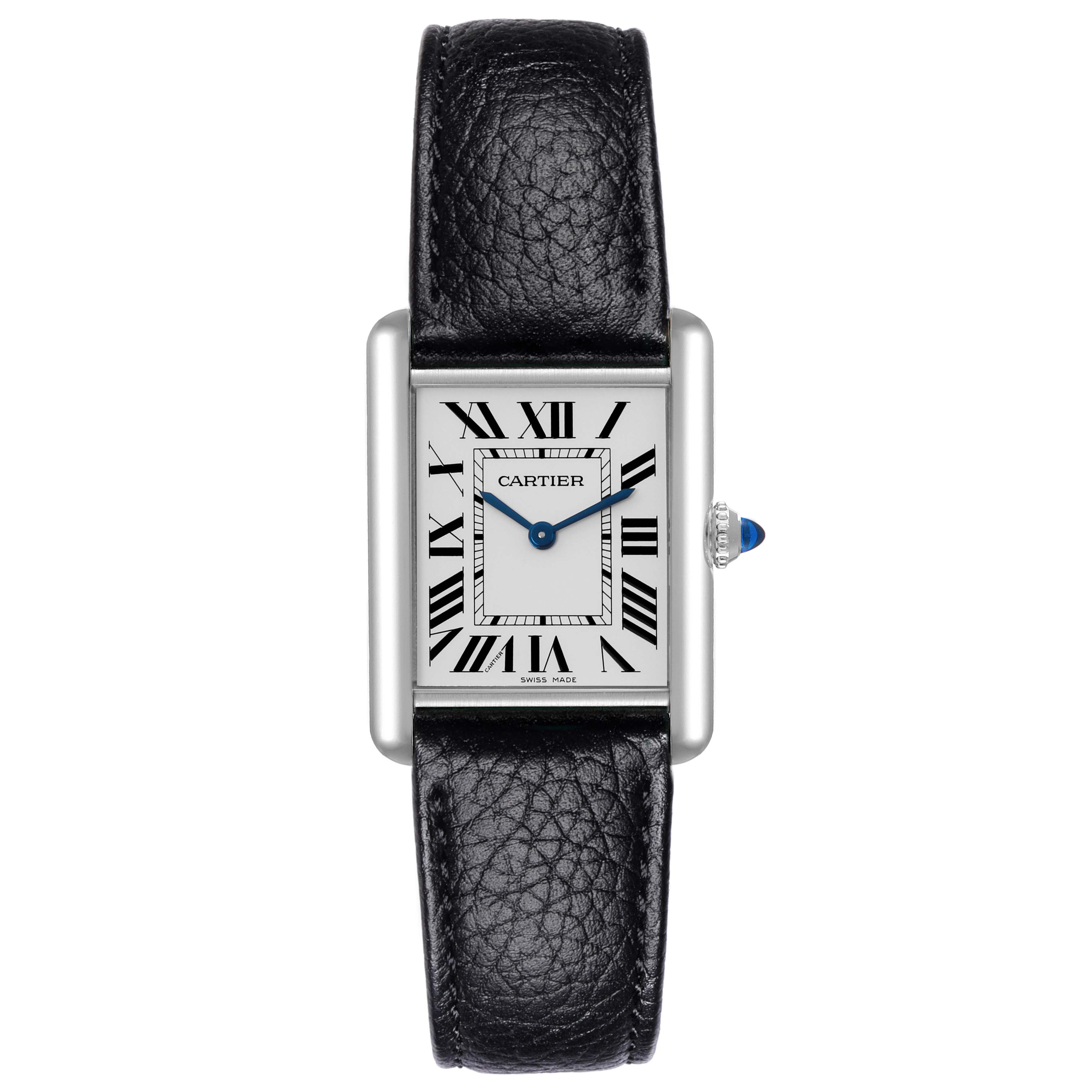 The Cartier Tank Must WSTA0041 Women
s Stainless Steel Silver Dial WSTA0041 Women
s Stainless Steel Silver Dial watch is shown from a top view, displaying the face, Roman numerals, and black leather strap.