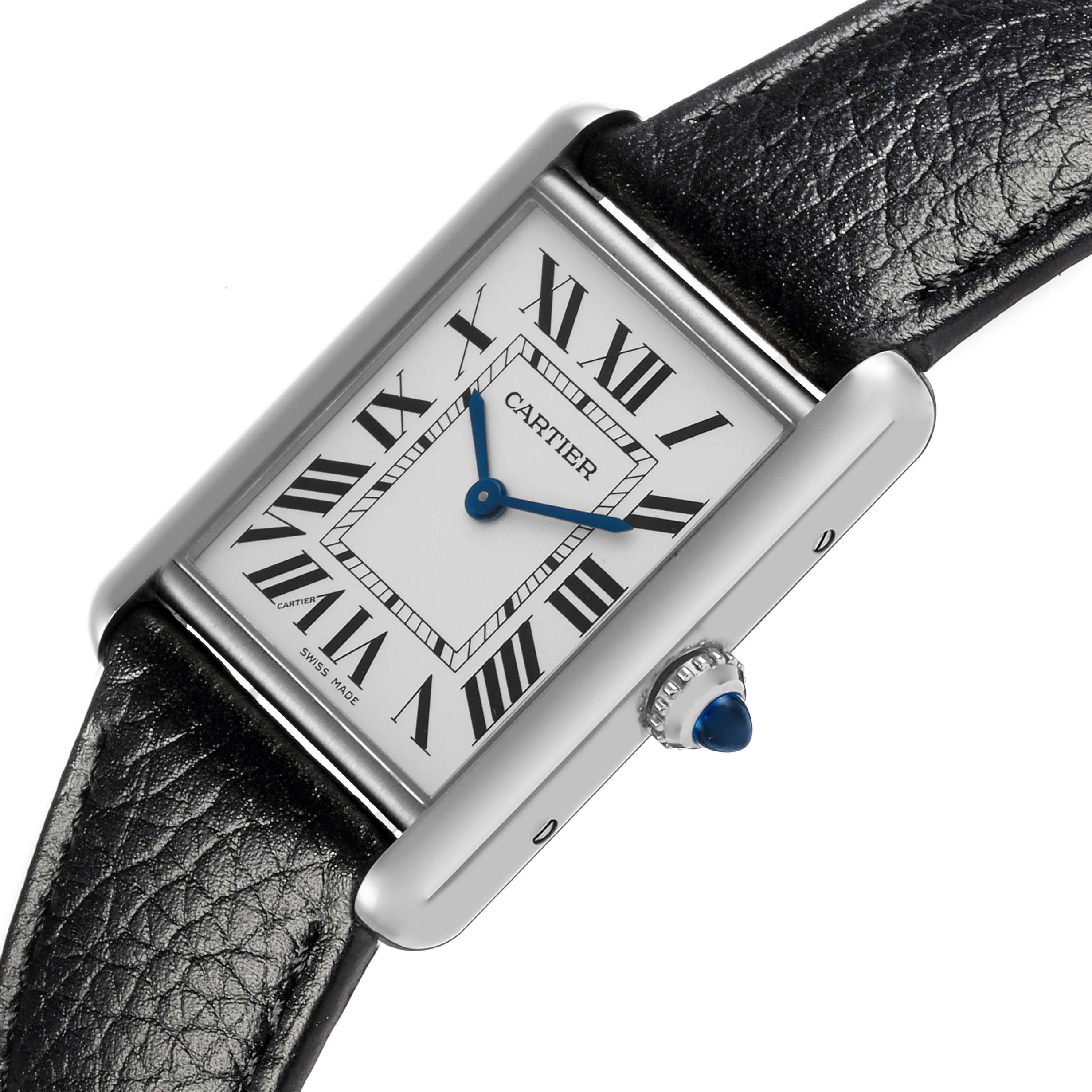 The Cartier Tank Must WSTA0041 Women
s Stainless Steel Silver Dial WSTA0041 Women
s Stainless Steel Silver Dial watch is shown at a slight angle, highlighting its rectangular face, Roman numerals, and blue cabochon crown.