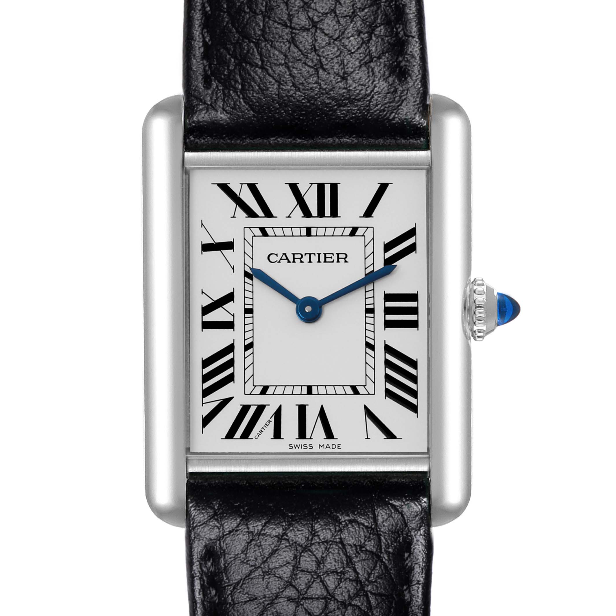 The Cartier Tank Must WSTA0041 Women
s Stainless Steel Silver Dial WSTA0041 Women
s Stainless Steel Silver Dial watch is shown head-on, highlighting its rectangular case, Roman numeral dial, and leather strap.