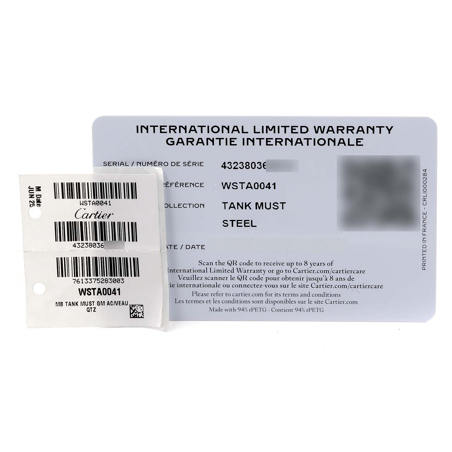 The image shows warranty and identification cards for the Cartier Tank Must WSTA0041 Women
s Stainless Steel Silver Dial WSTA0041 Women
s Stainless Steel Silver Dial watch model.