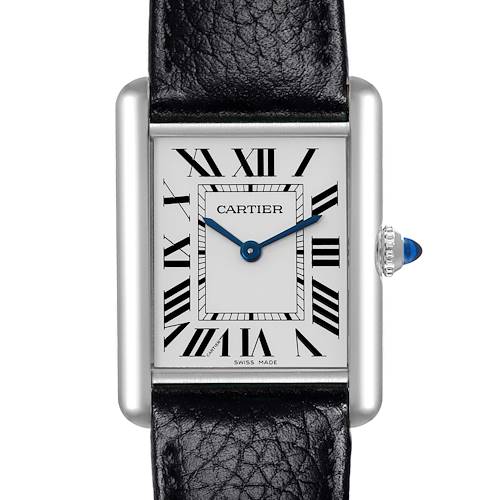 The Cartier Tank Must watch is shown from a front view, displaying its face, black Roman numerals, blue hands, and leather strap.