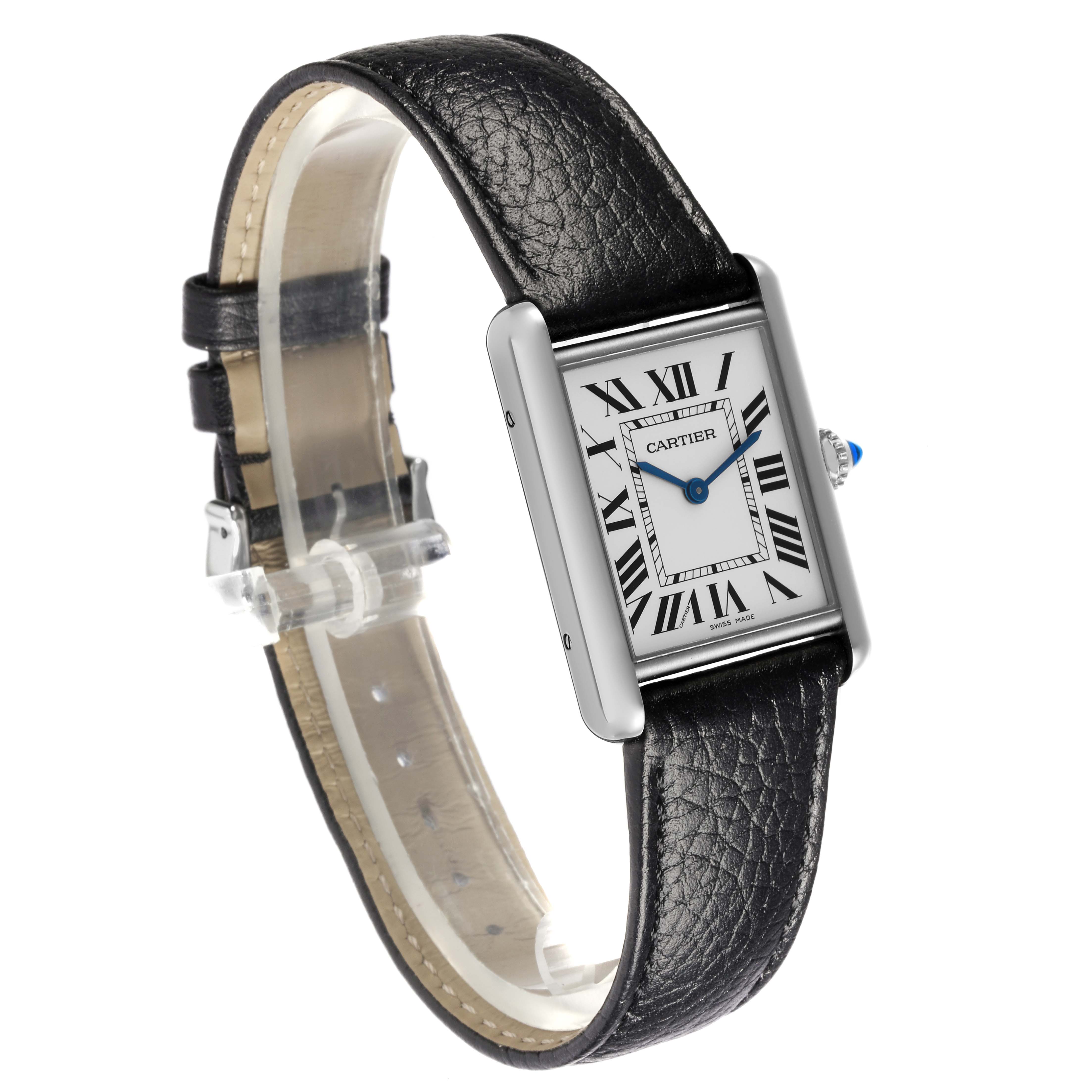 The Cartier Tank Must WSTA0041 Women
s Stainless Steel Silver Dial WSTA0041 Women
s Stainless Steel Silver Dial watch is shown at a three-quarter angle, highlighting the face, leather strap, and blue hands.