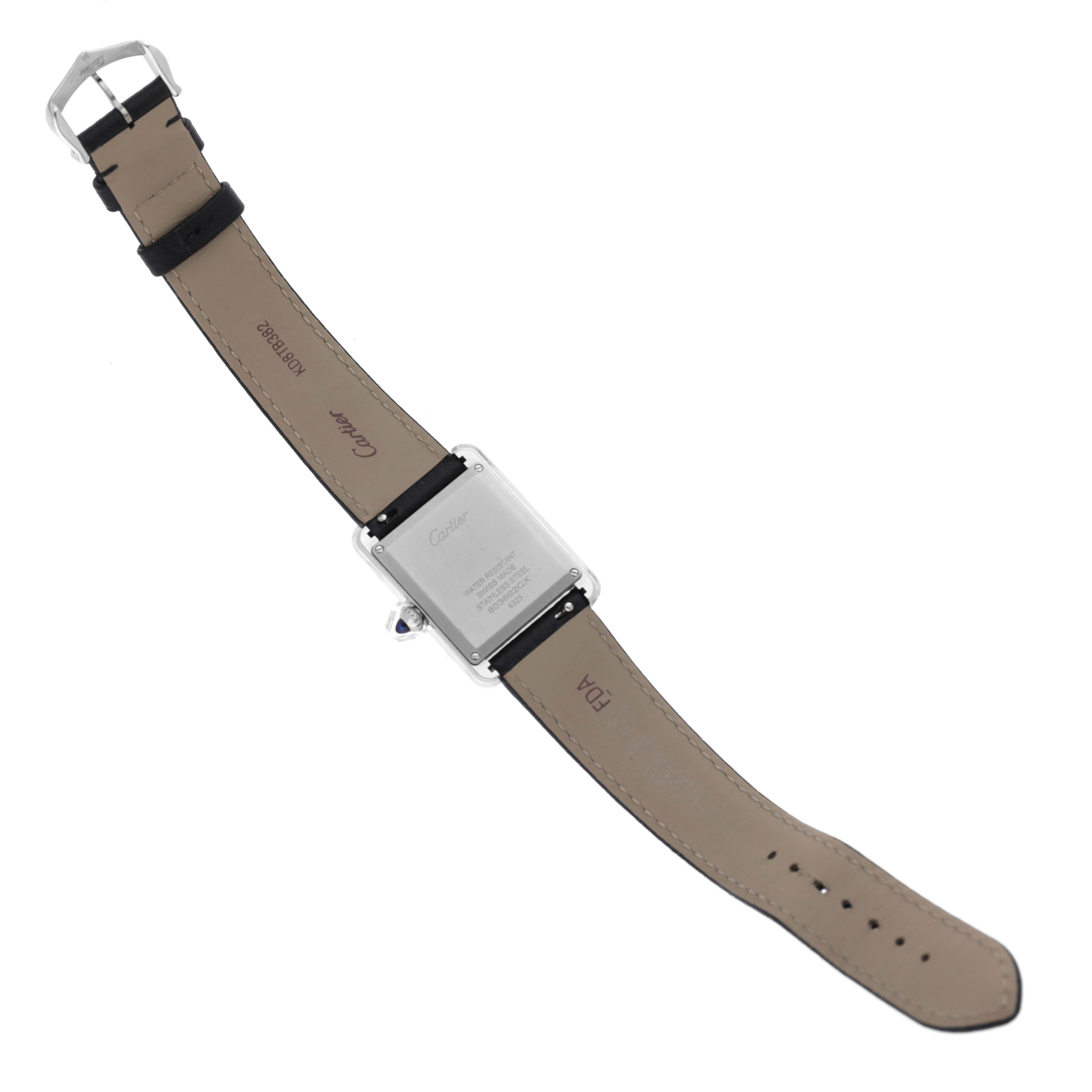 The Cartier Tank Must WSTA0041 Women
s Stainless Steel Silver Dial WSTA0041 Women
s Stainless Steel Silver Dial watch is shown from the back, displaying the case, buckle, and strap interior.