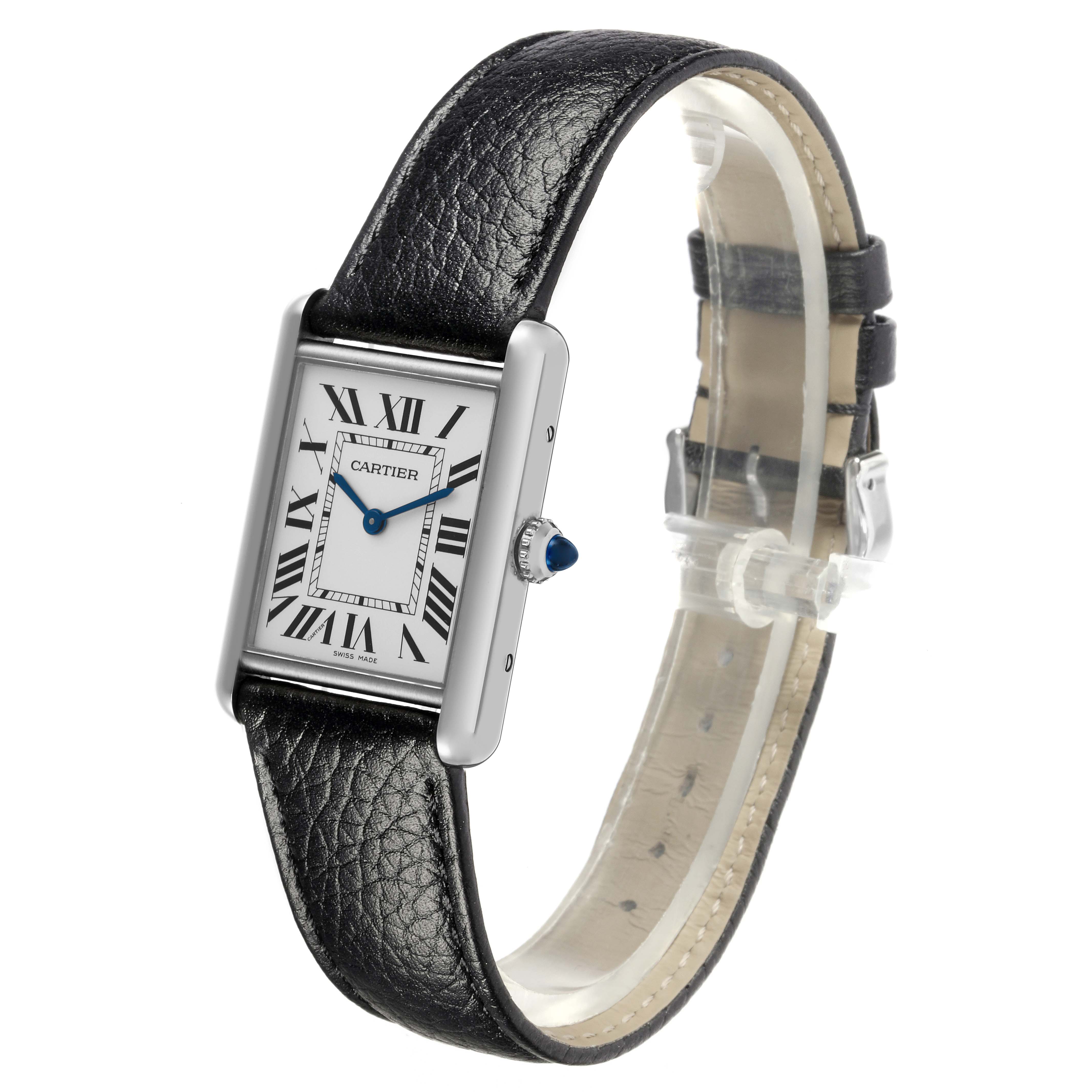The Cartier Tank Must WSTA0041 Women
s Stainless Steel Silver Dial WSTA0041 Women
s Stainless Steel Silver Dial watch is shown at an angled side view, highlighting the face, bezel, and leather strap.