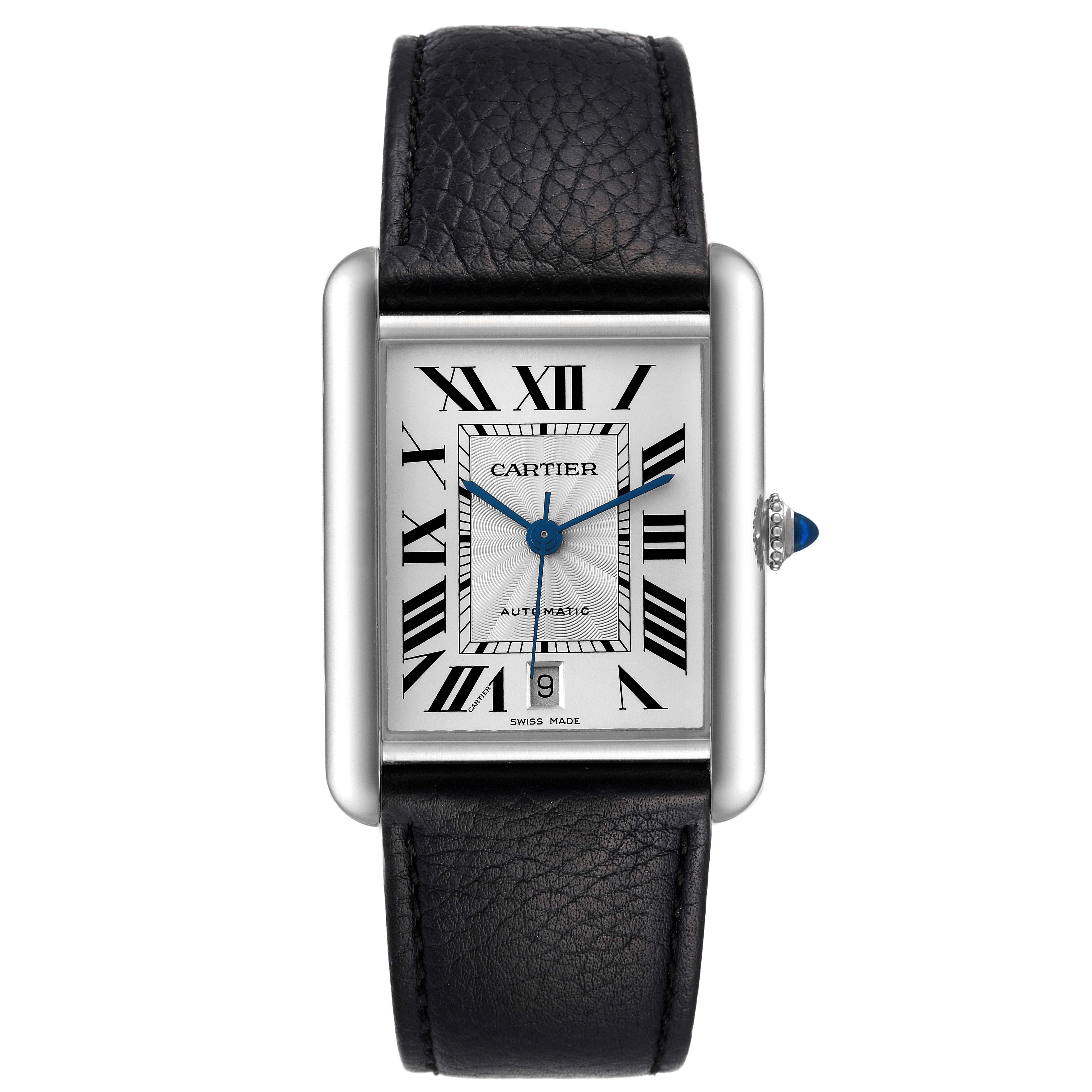 The image shows a front view of the Cartier Tank Must WSTA0040 Men
s Stainless Steel Silver Dial WSTA0040 Men
s Stainless Steel Silver Dial model watch, highlighting the face, strap, and side crown.