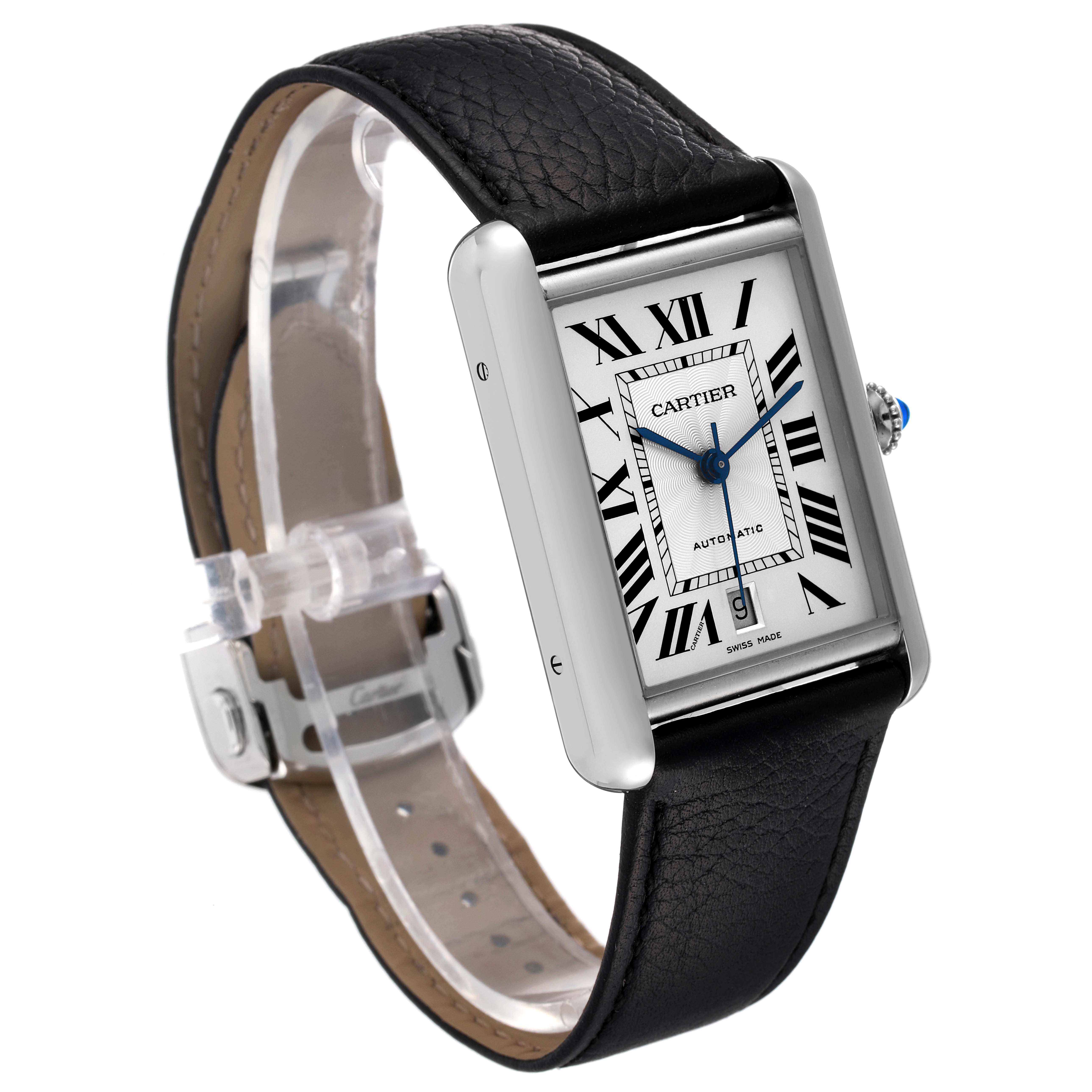 The Tank Must model by Cartier is shown at an angle featuring the watch face, leather strap, and crown with blue cabochon.