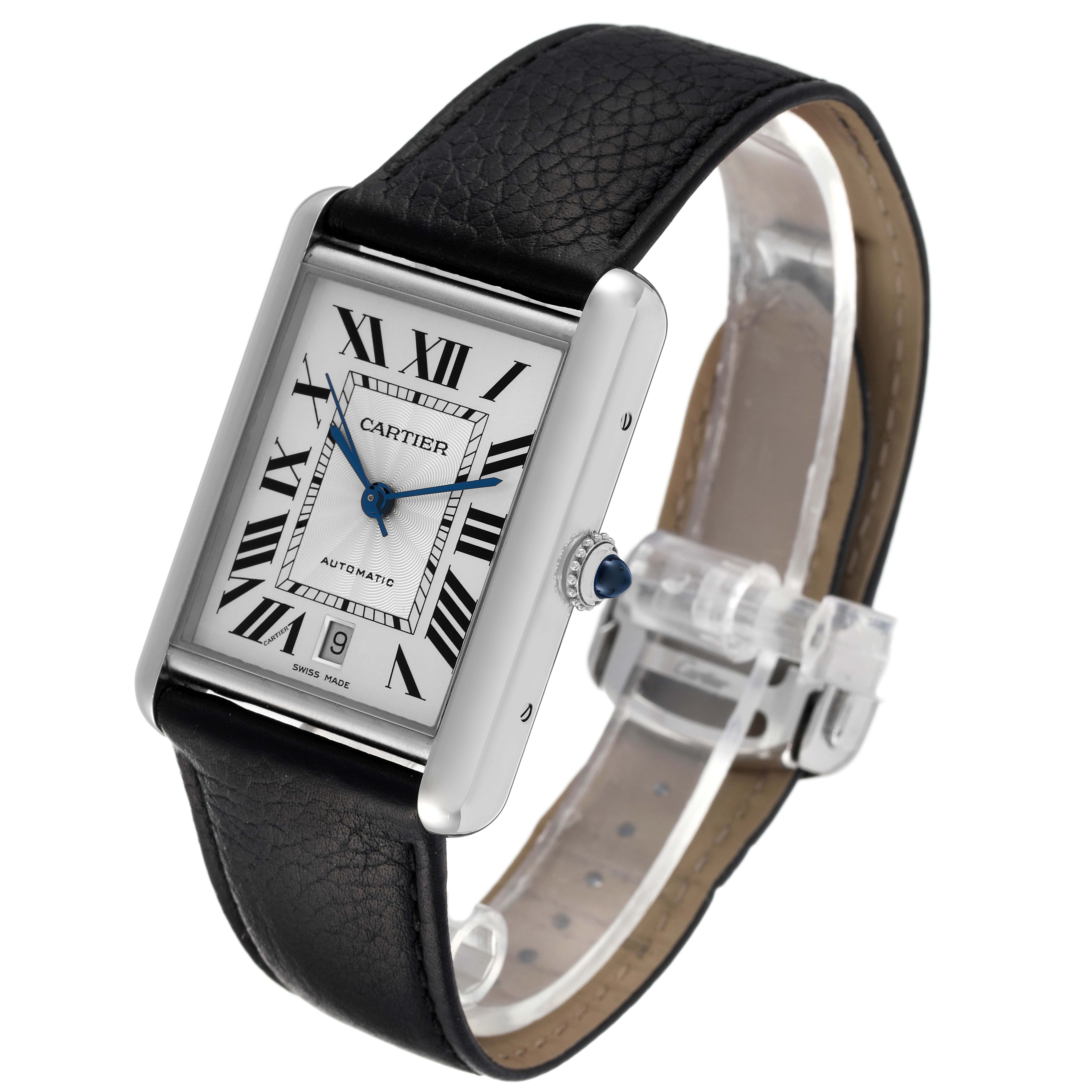 The image shows a Cartier Tank Must WSTA0040 Men
s Stainless Steel Silver Dial WSTA0040 Men
s Stainless Steel Silver Dial watch at a three-quarter angle, highlighting the face, crown, and leather strap.