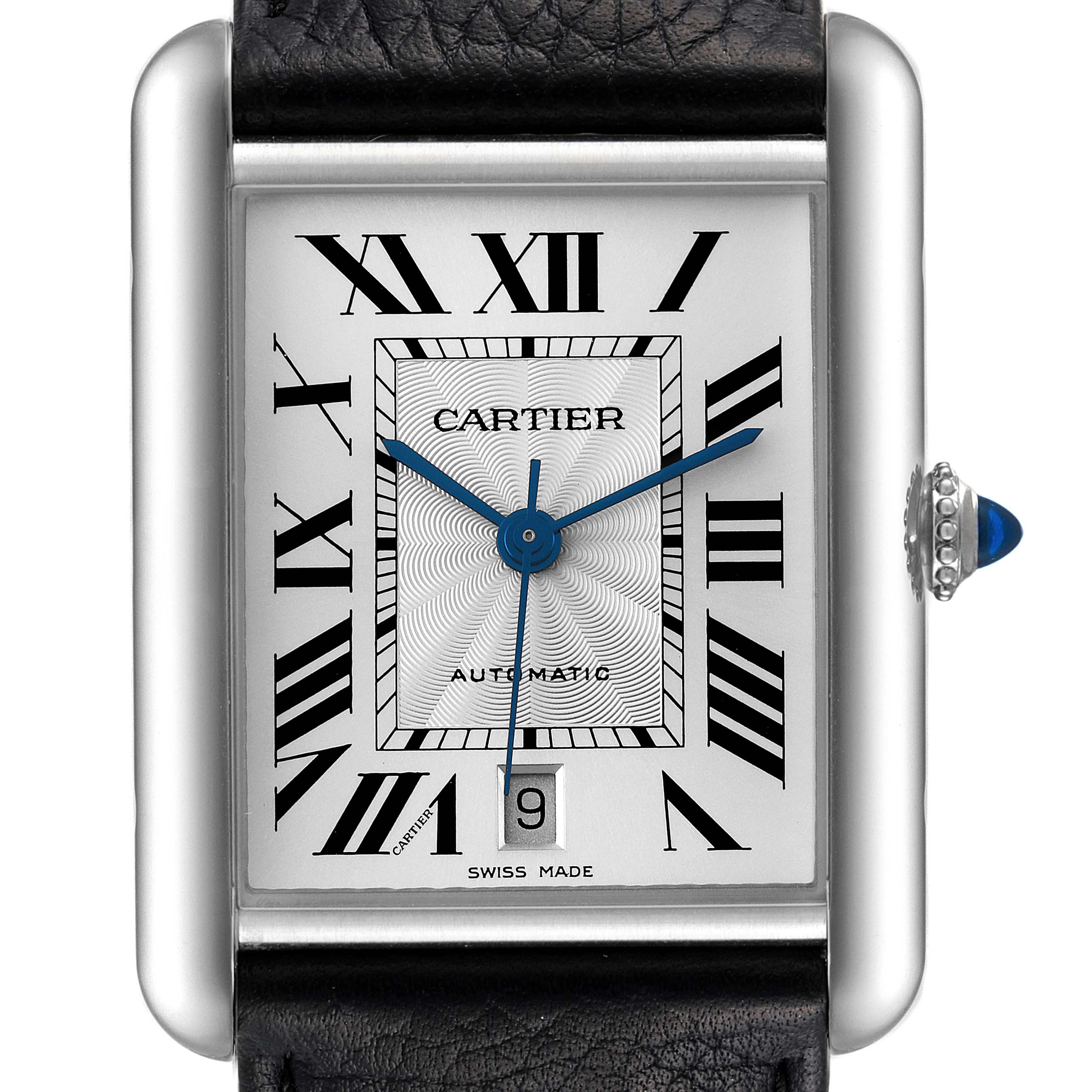 This image shows a frontal close-up of the Cartier Tank Must WSTA0040 Men
s Stainless Steel Silver Dial WSTA0040 Men
s Stainless Steel Silver Dial watch face and part of its black leather strap.