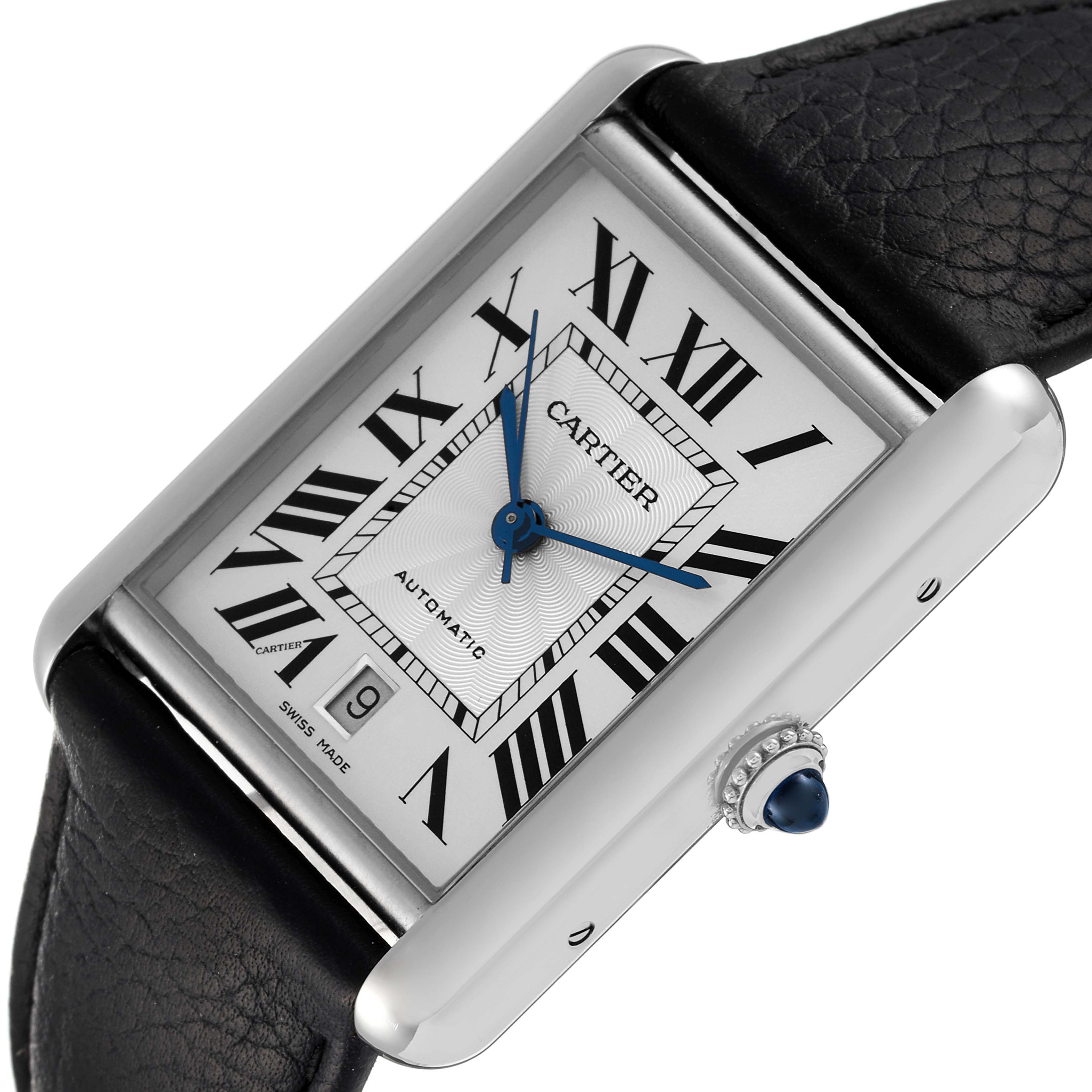 This image shows a close-up, angled view of the Cartier Tank Must WSTA0040 Men
s Stainless Steel Silver Dial WSTA0040 Men
s Stainless Steel Silver Dial watch, highlighting the face, bezel, and crown.