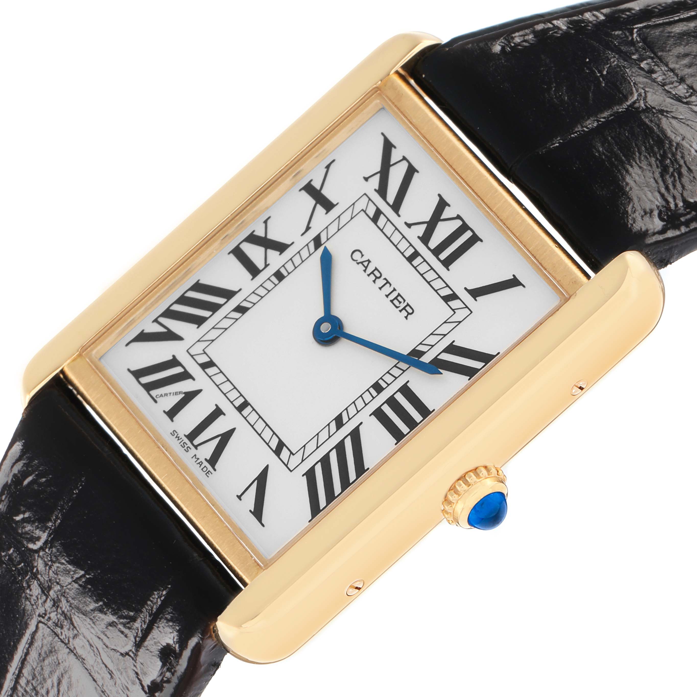 The Cartier Tank Solo W5200004 Men
s Steel and Gold (two tone) Silver Dial watch is shown at an angled view highlighting the rectangular case, Roman numeral dial, and crown with a blue cabochon.