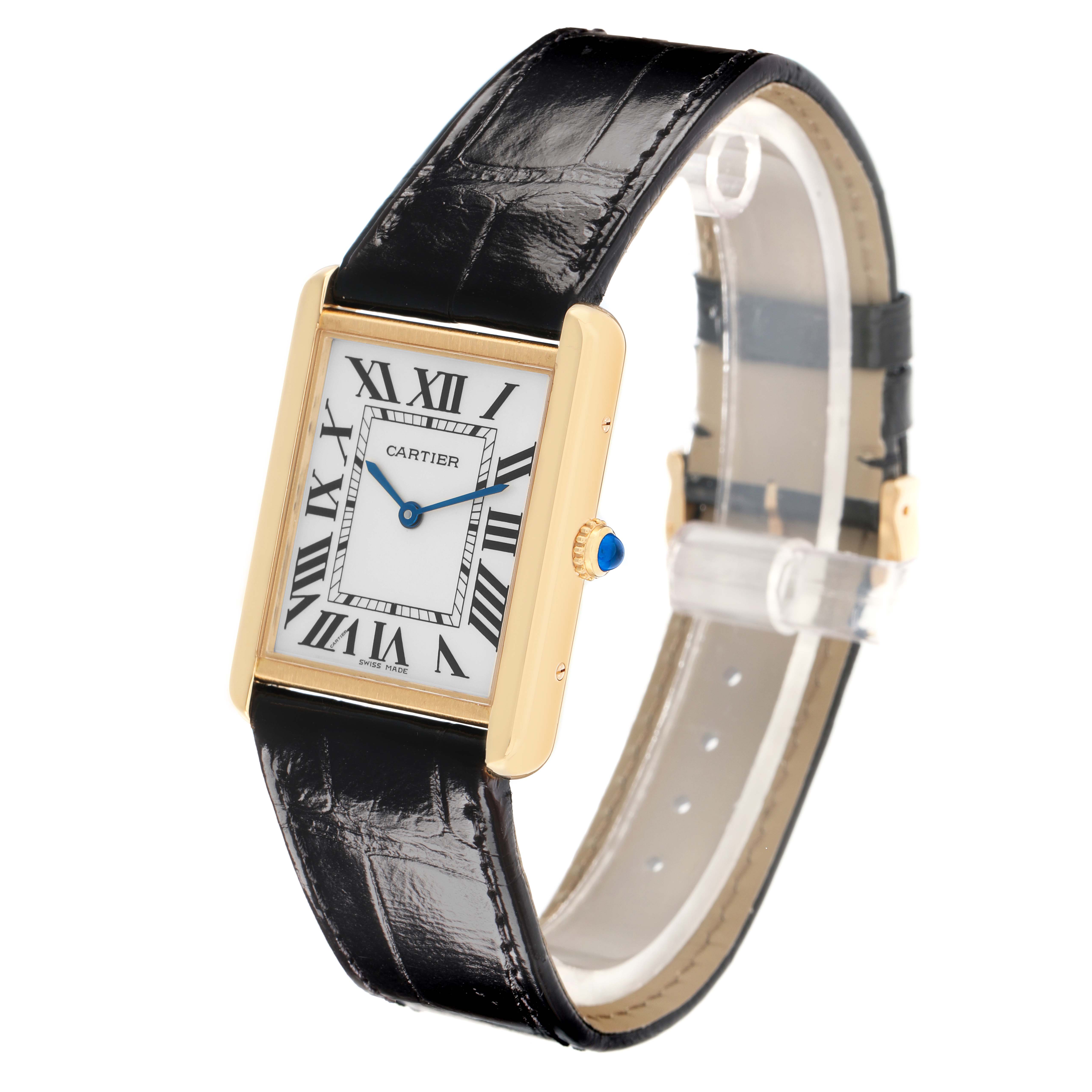 The Cartier Tank Solo W5200004 Men
s Steel and Gold (two tone) Silver Dial watch is shown at a three-quarter angle, displaying the face, bezel, strap, and crown.