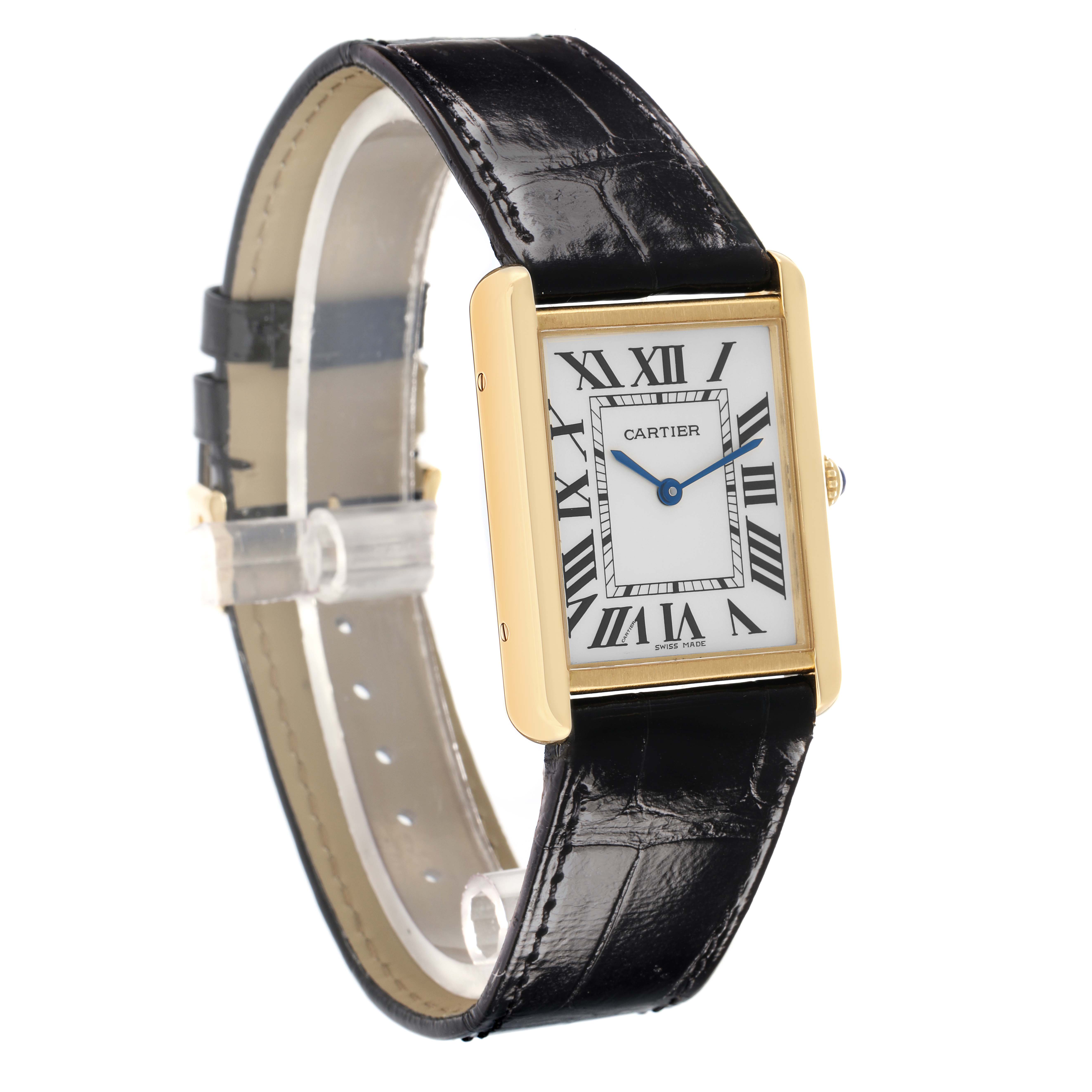 The Cartier Tank Solo W5200004 Men
s Steel and Gold (two tone) Silver Dial watch is shown at a front angle, displaying the face, leather strap, and gold casing.