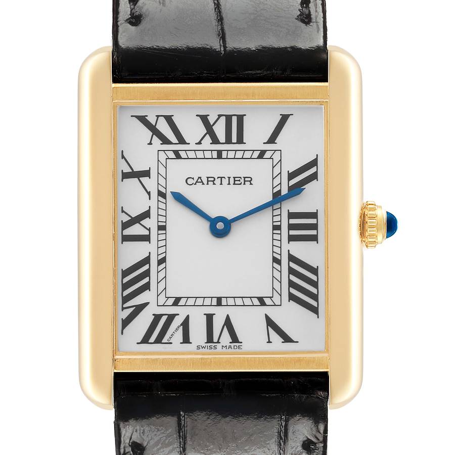 The image shows a front view of the Cartier Tank Solo W5200004 Men's Steel and Gold (two tone) Silver Dial watch, highlighting its rectangular face, Roman numerals, and gold bezel.