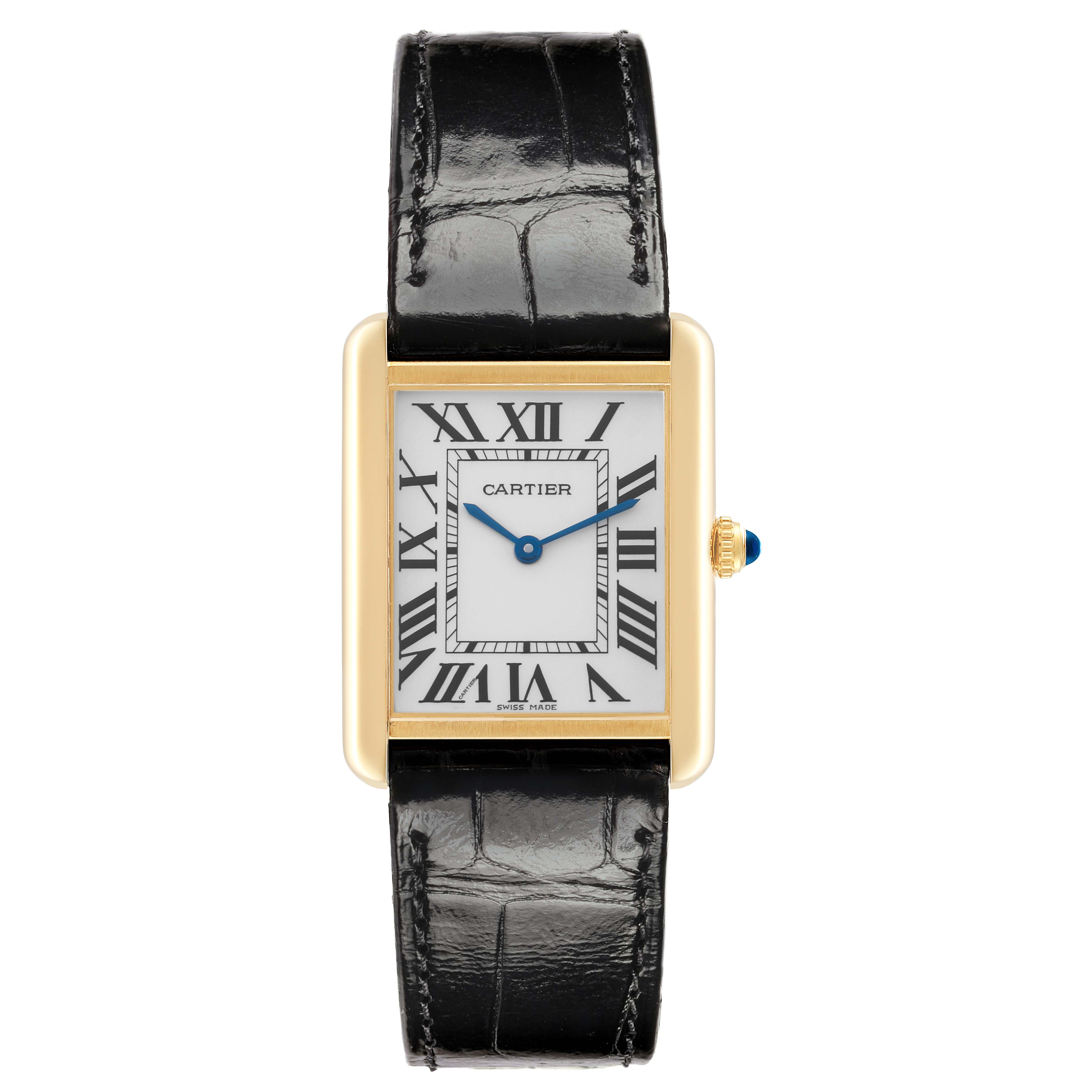 The Cartier Tank Solo W5200004 Men
s Steel and Gold (two tone) Silver Dial watch is shown from the front, displaying its rectangular face, gold case, Roman numerals, and leather strap.