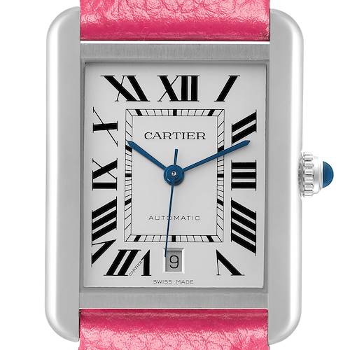 The Cartier Tank Solo watch is shown front-facing, displaying the dial and pink leather strap.