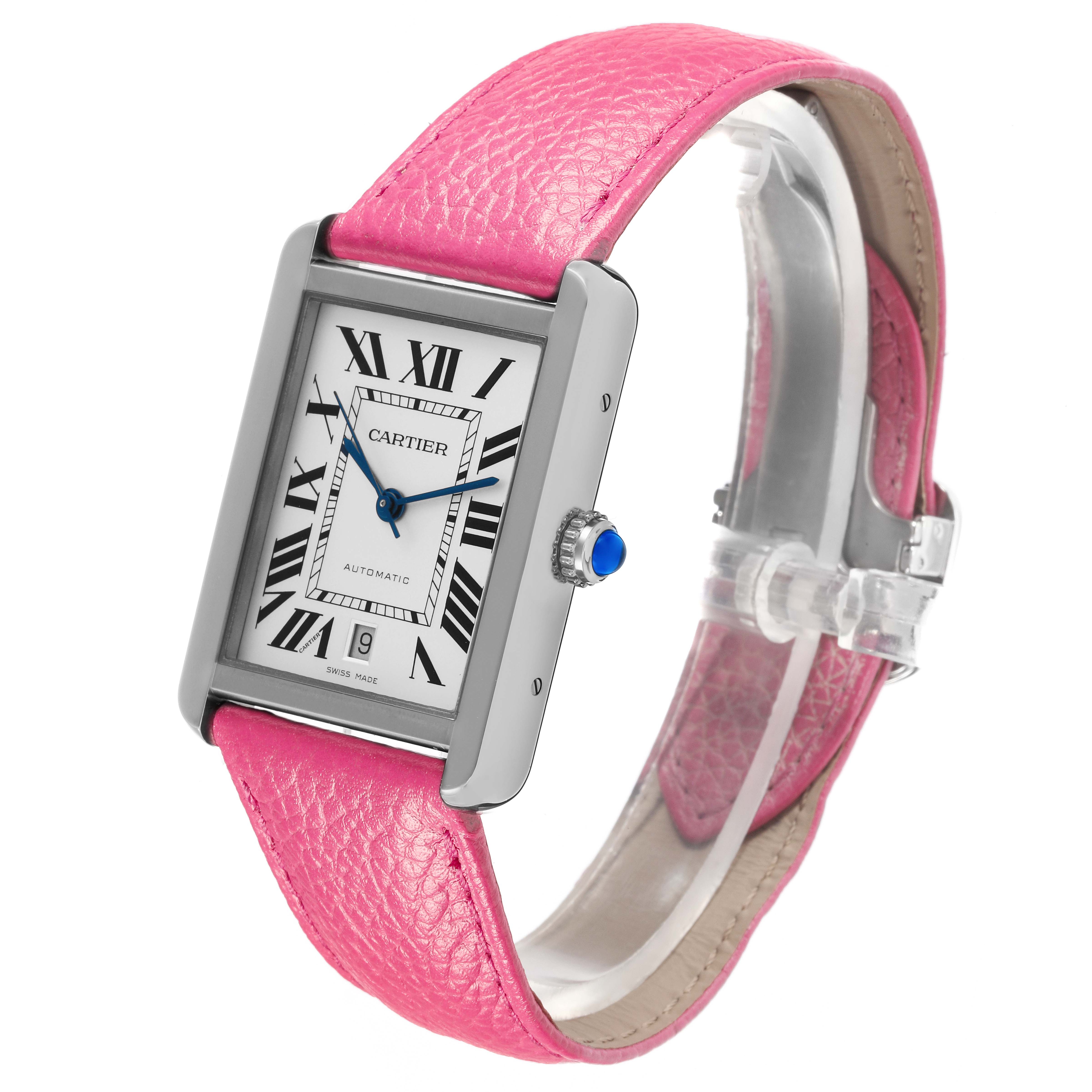 The Cartier Tank Solo WSTA0029 Men's Stainless Steel Silver Dial WSTA0029 Men's Stainless Steel Silver Dial watch is shown at an angle, displaying its rectangular face, Roman numerals, pink strap, and crown detail.