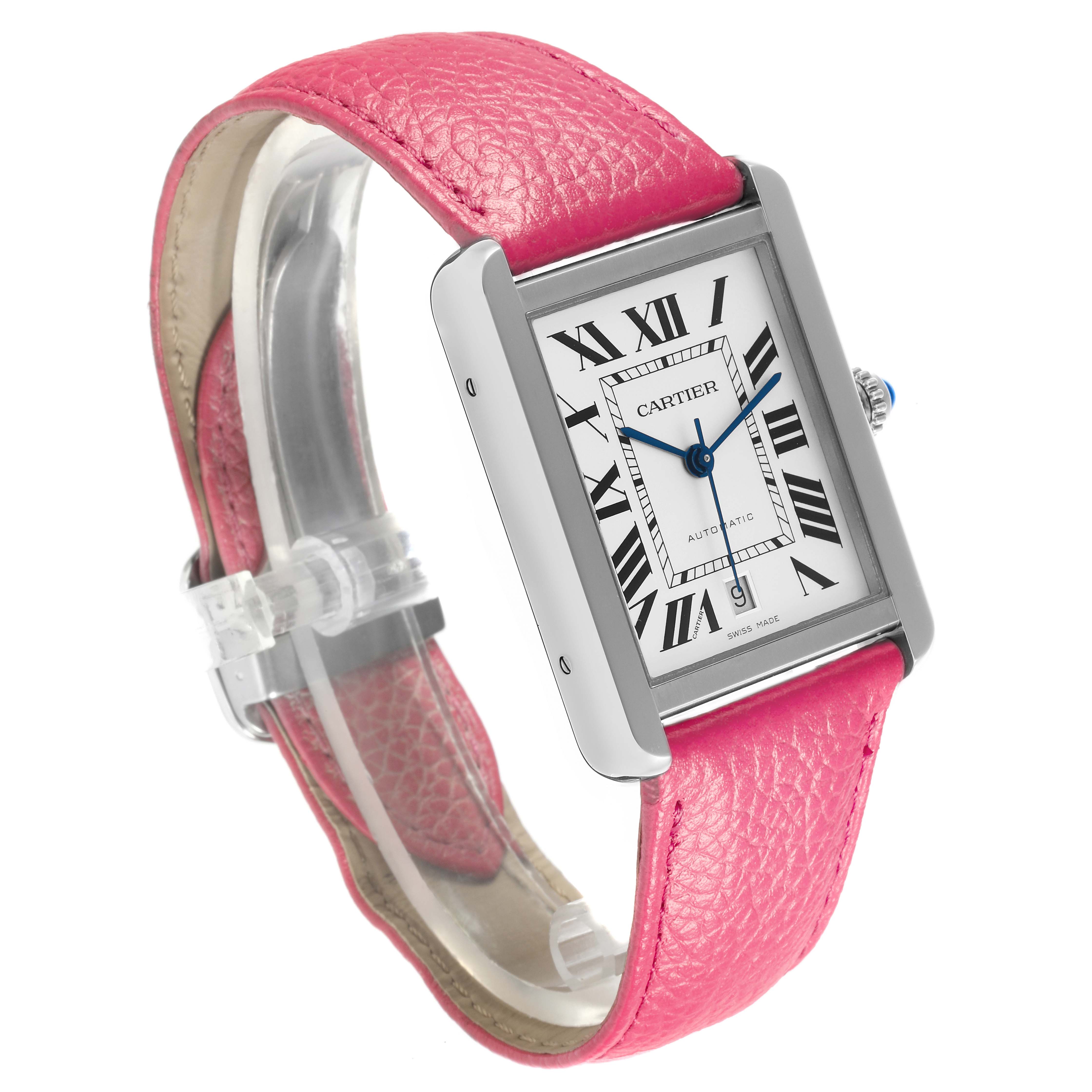 The Cartier Tank Solo WSTA0029 Men's Stainless Steel Silver Dial WSTA0029 Men's Stainless Steel Silver Dial watch is shown from a side angle, highlighting its pink leather strap and rectangular face with Roman numerals.