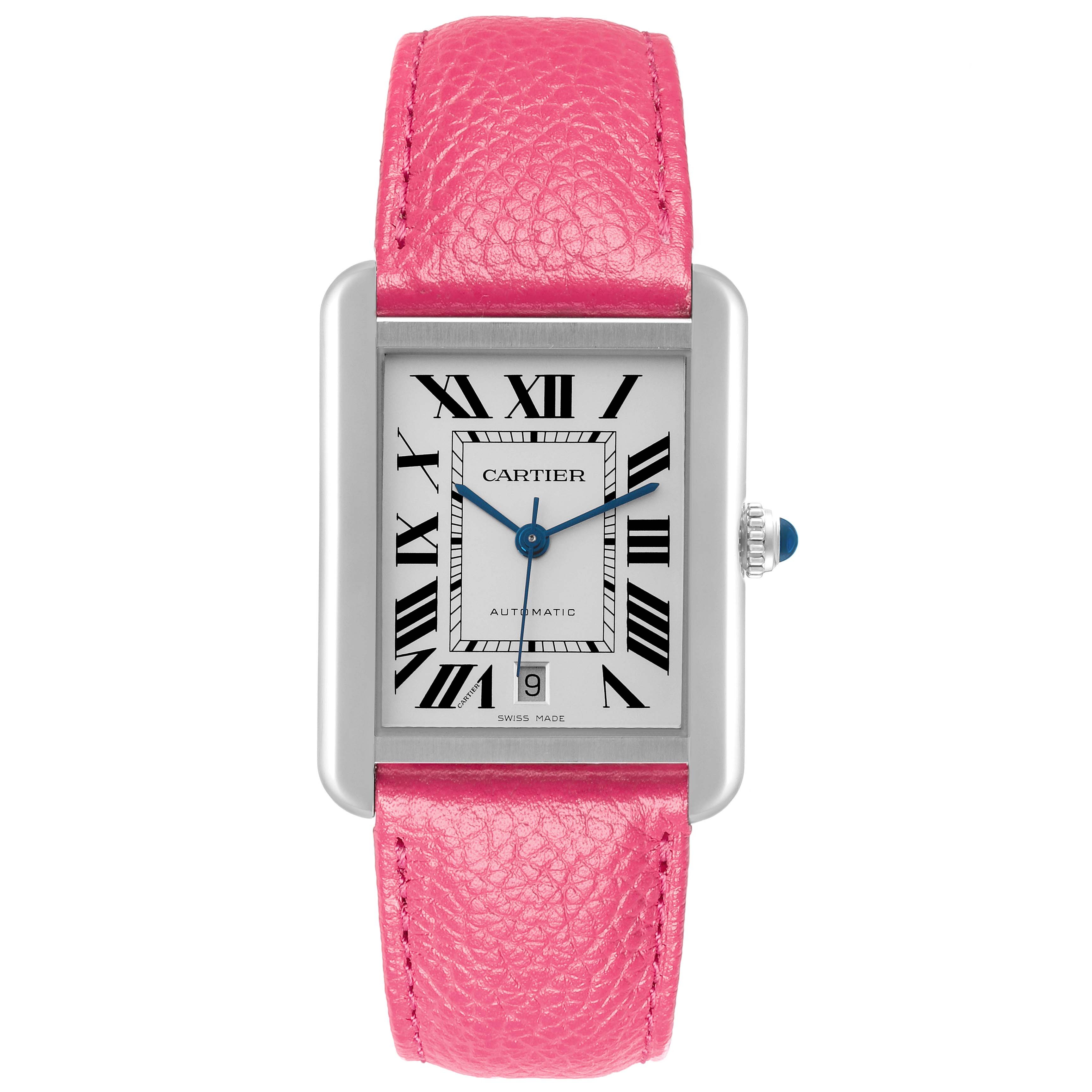 The Cartier Tank Solo WSTA0029 Men's Stainless Steel Silver Dial WSTA0029 Men's Stainless Steel Silver Dial watch is shown from a front angle, highlighting its pink leather strap and silver case with Roman numerals.