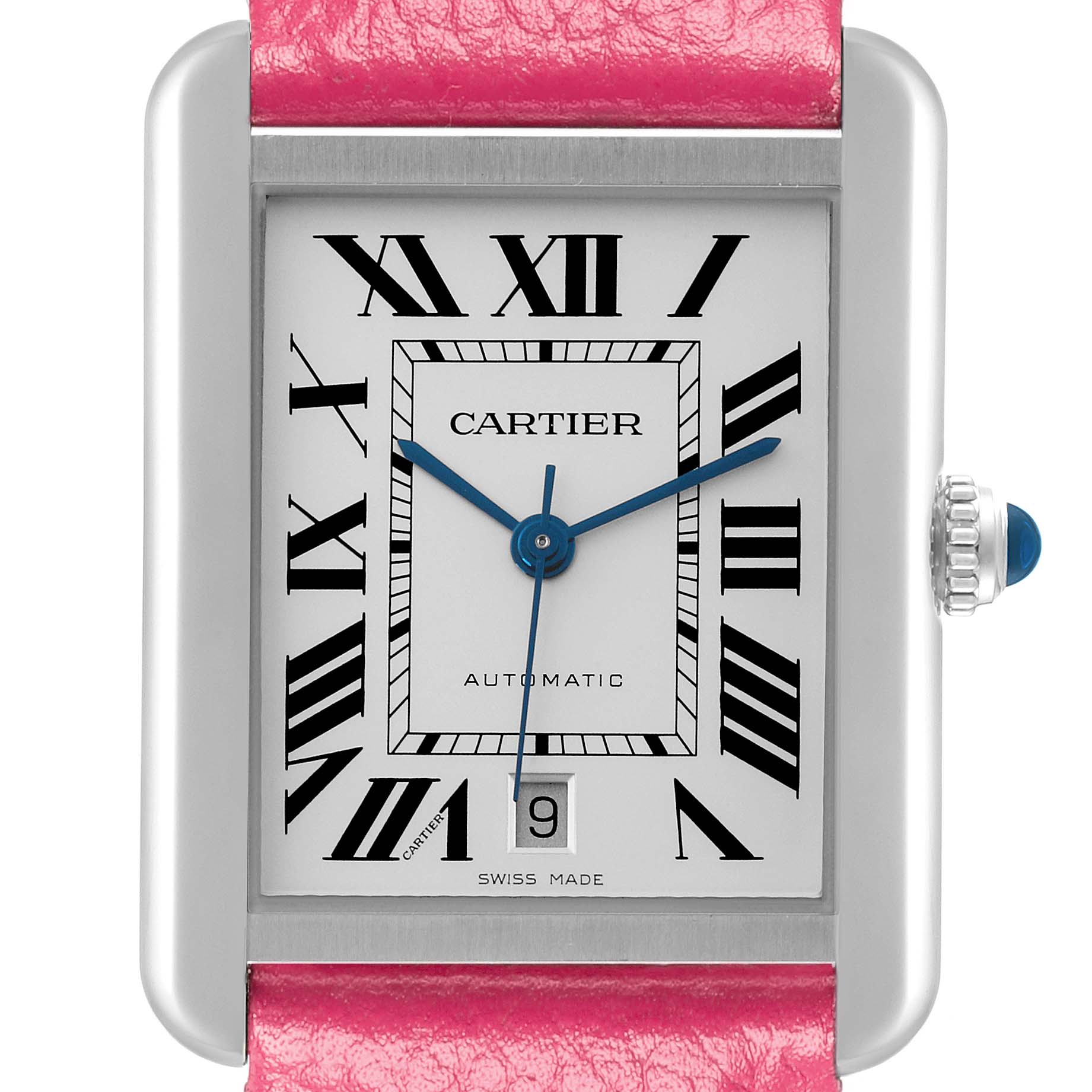 The Cartier Tank Solo WSTA0029 Men's Stainless Steel Silver Dial WSTA0029 Men's Stainless Steel Silver Dial watch is shown from the front, displaying its dial, hands, crown, and pink strap.