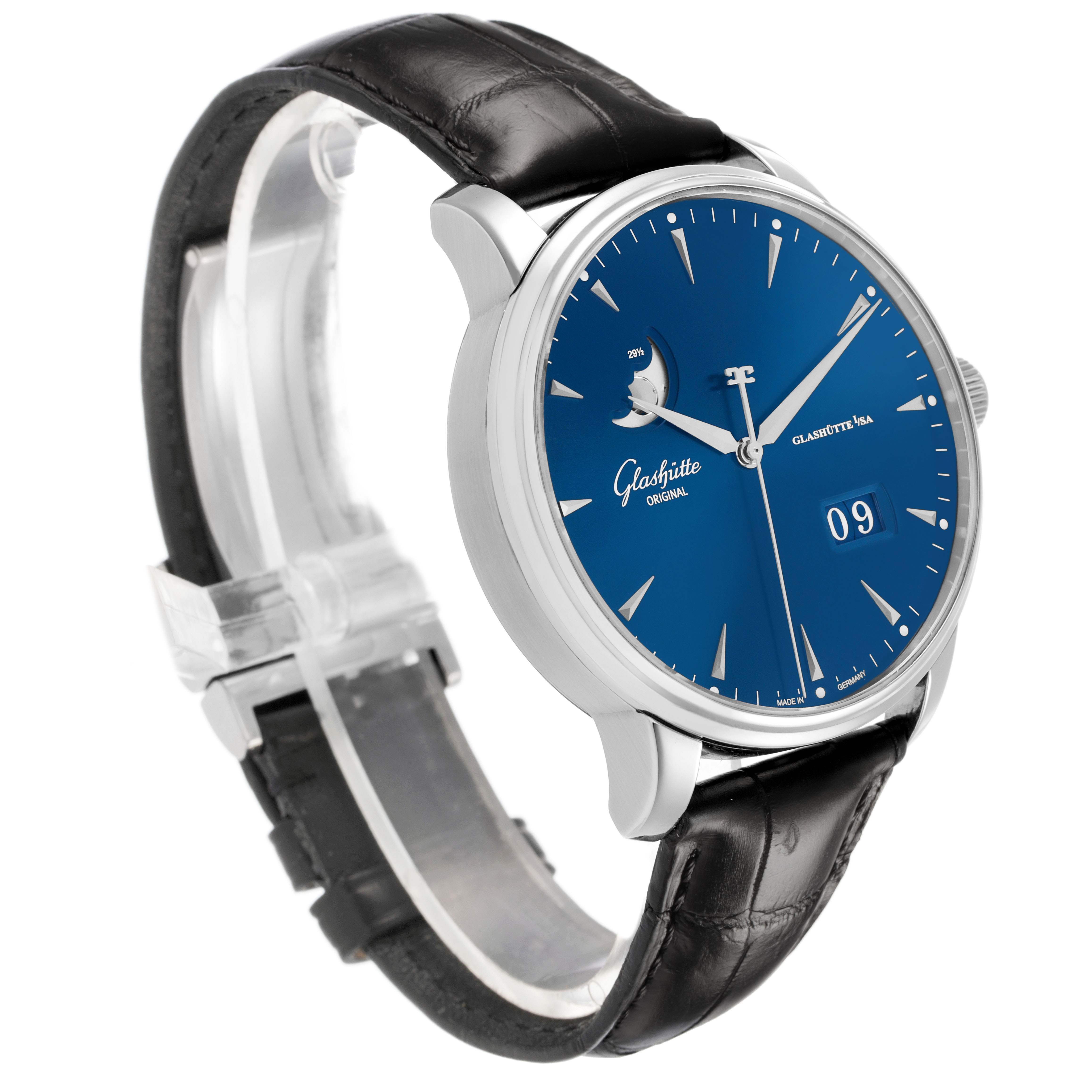 The Glashütte Original watch is shown at a slight angle, displaying its blue dial, leather strap, and side case.