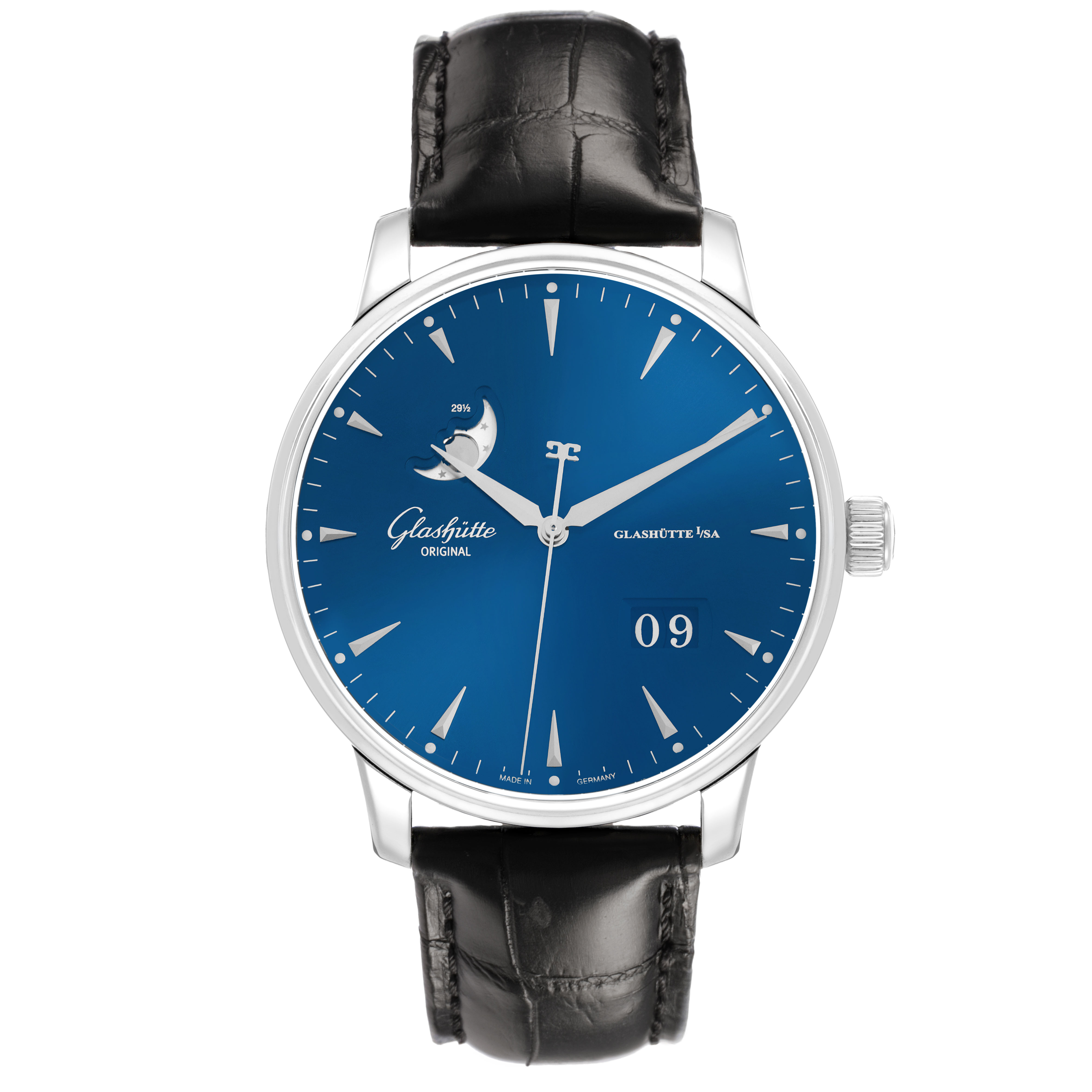 The Glashütte Original model watch is shown from a front angle, displaying its blue dial, hands, indices, and black leather strap.